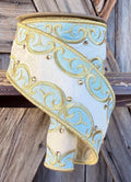 Light Blue Scroll Gold Bling Wired Ribbon 2.5 Inch