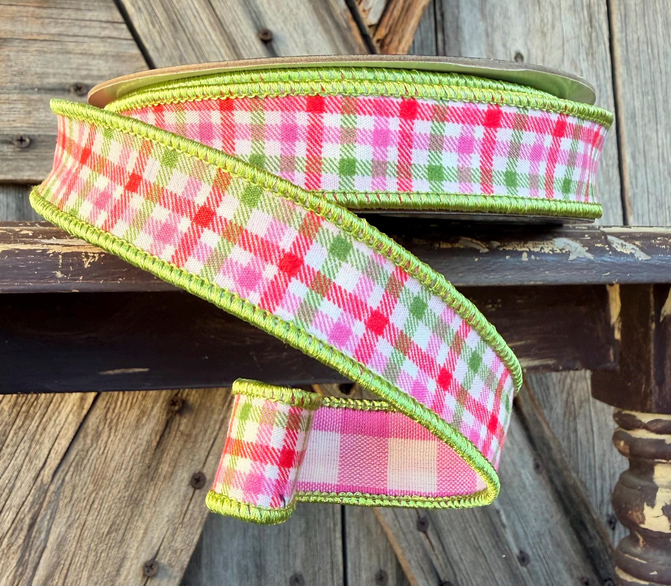 Pink Green Plaid Gingham Wired Ribbon 1 Inch