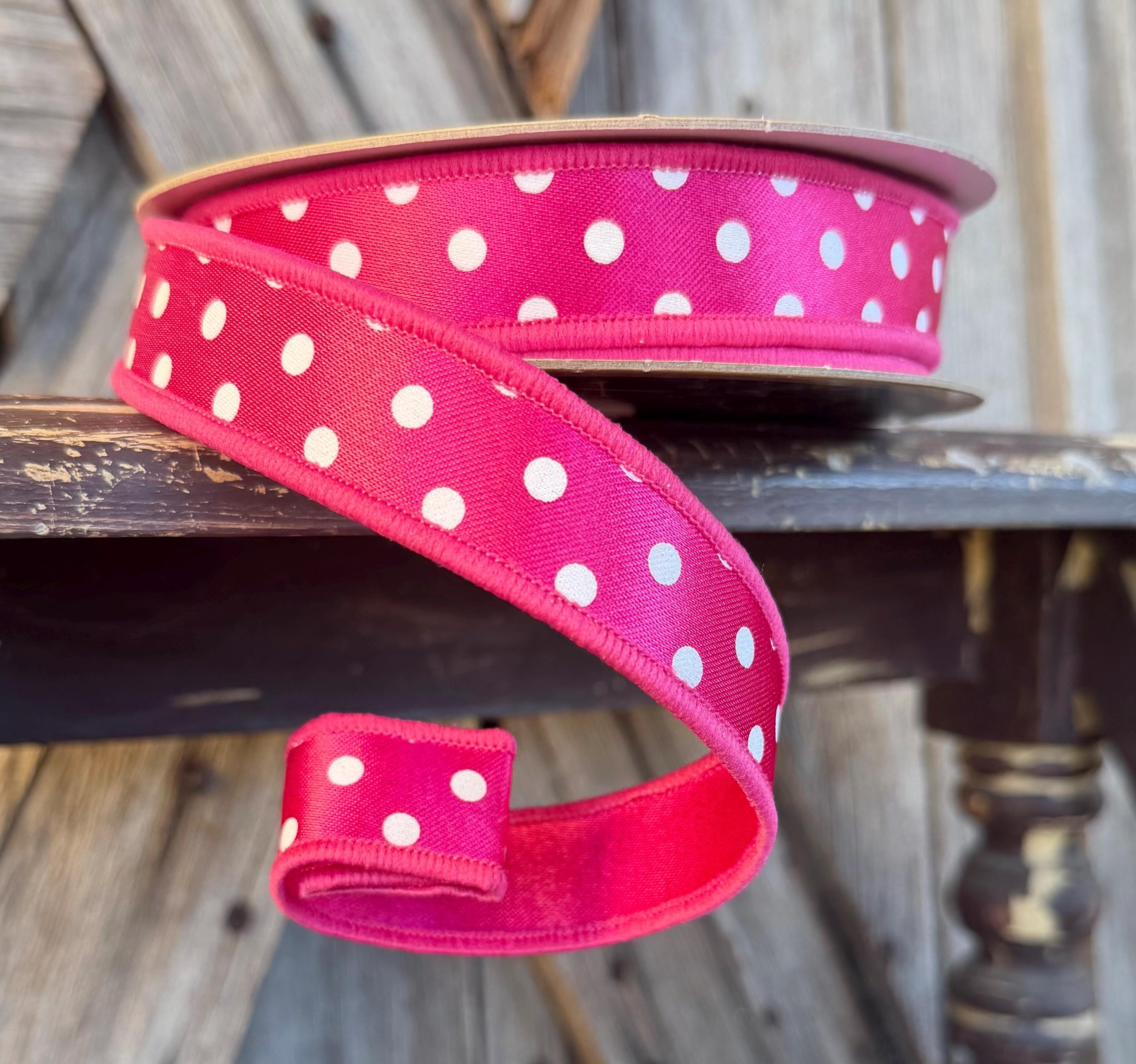 Hot Pink White Polka Dot Wired Ribbon 7/8 Inch