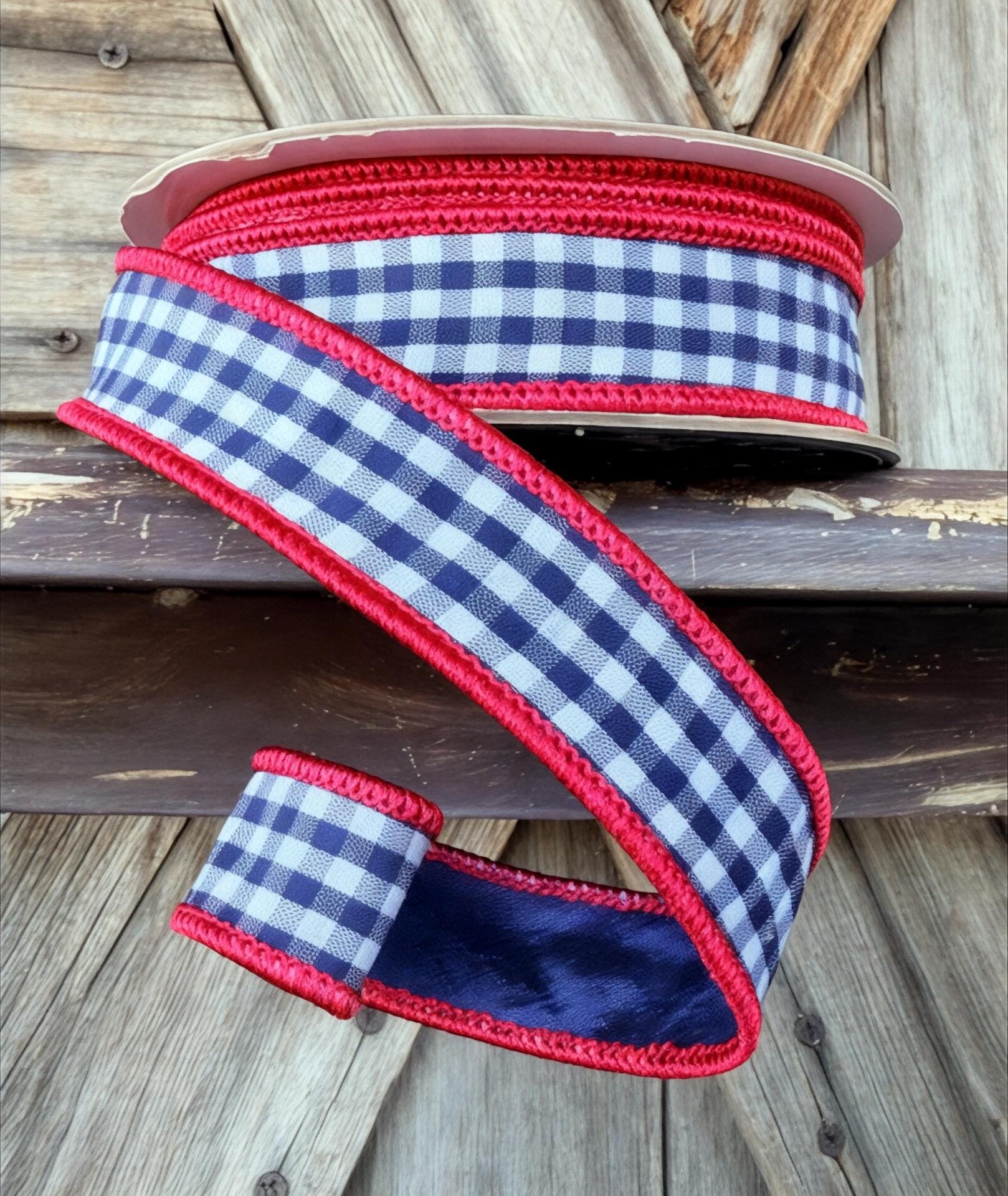 Blue White Ginghsm Red Trim Ribbon, 1 Inch