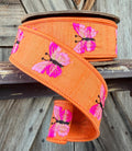 Pink Butterflies on Tangerine Wired Ribbon 1.5 Inch