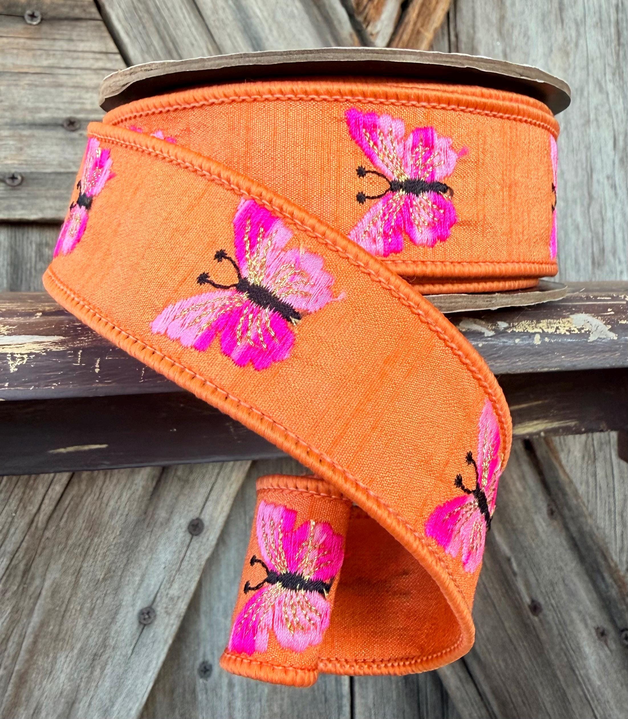 Pink Butterflies on Tangerine Wired Ribbon 1.5 Inch