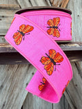 Orange Butterflies on Pink Wired Ribbon 1.5 Inch