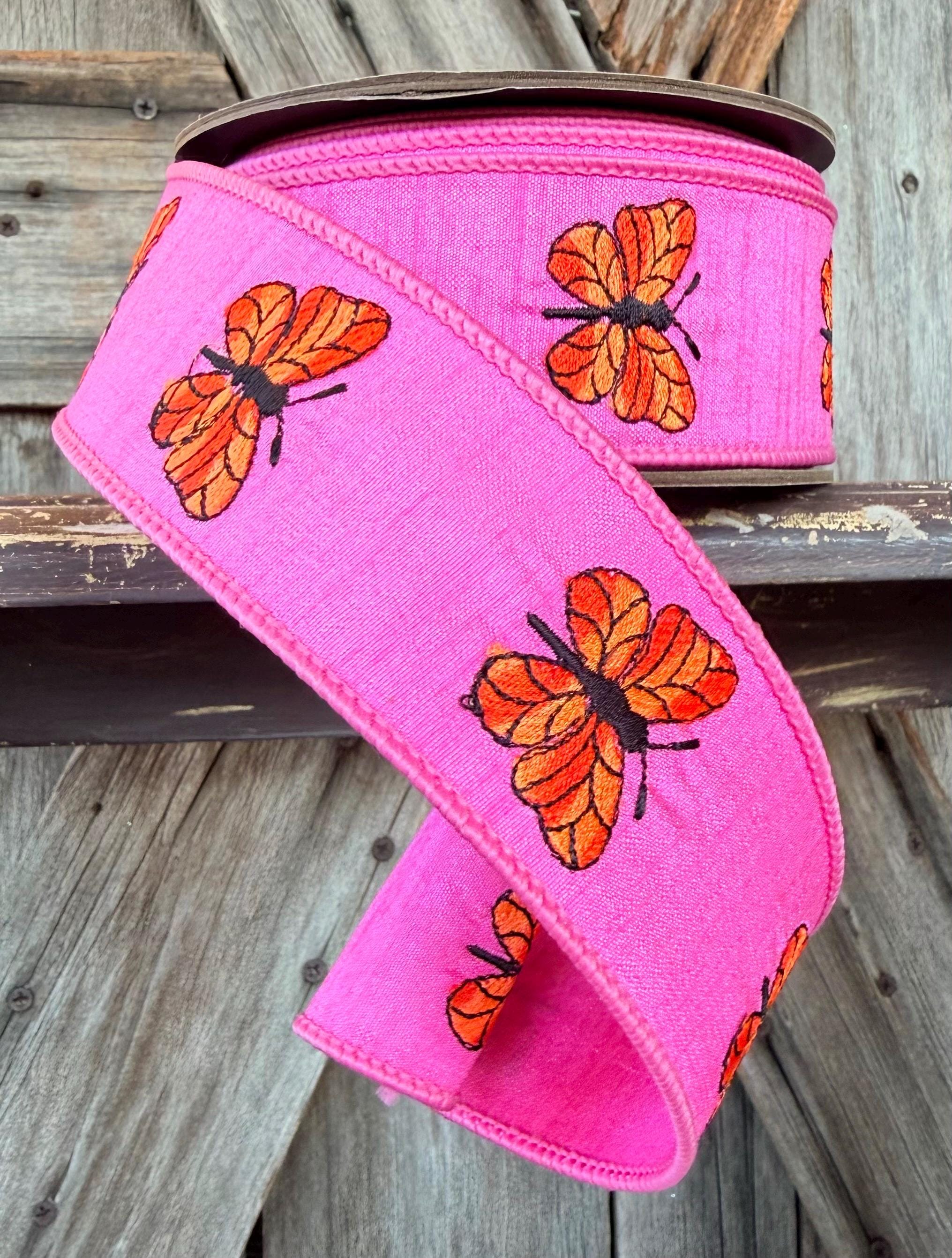 Orange Butterflies on Pink Wired Ribbon 1.5 Inch