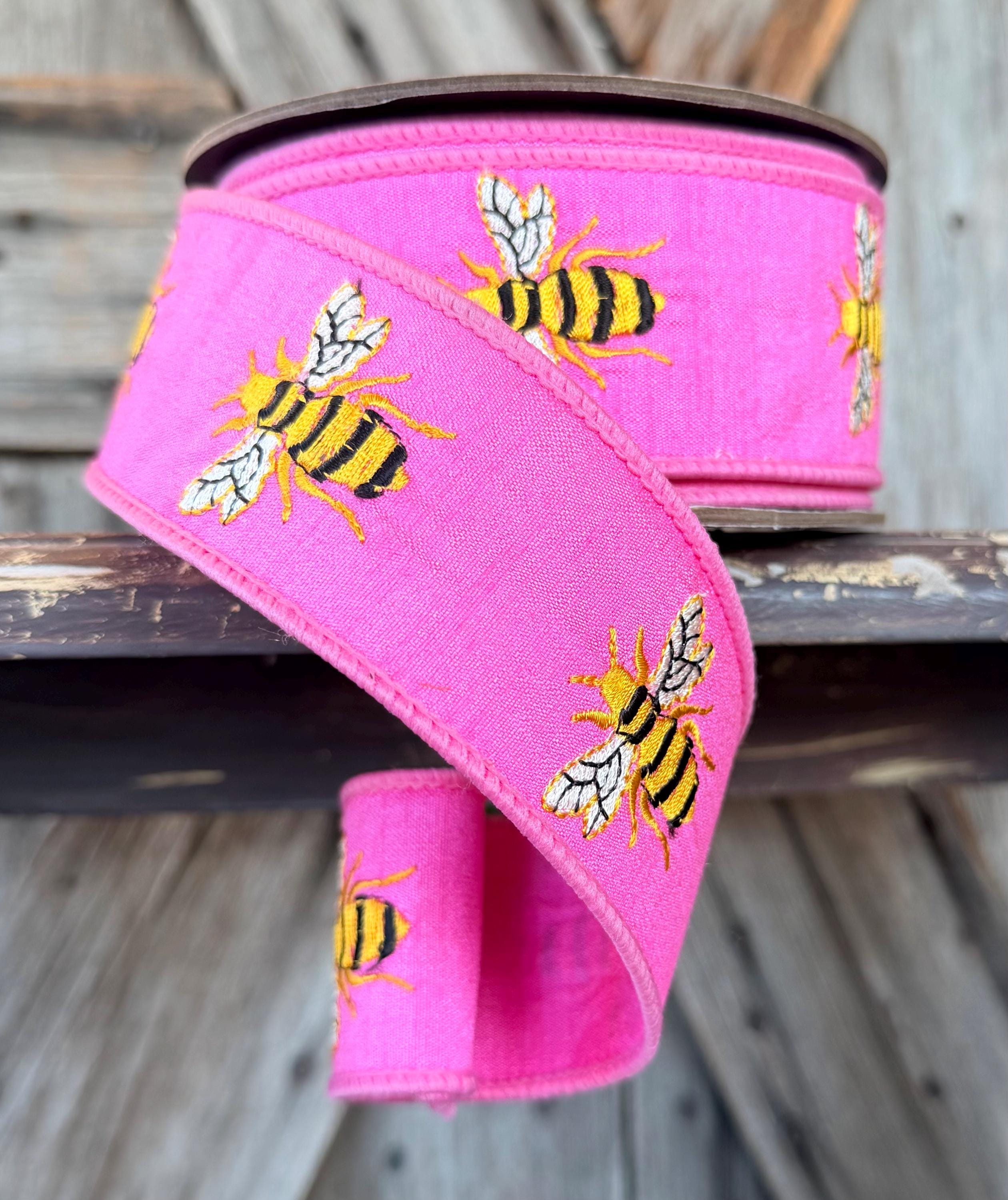 Embroidered Bees l on Pink Wired Ribbon 1.5 Inch