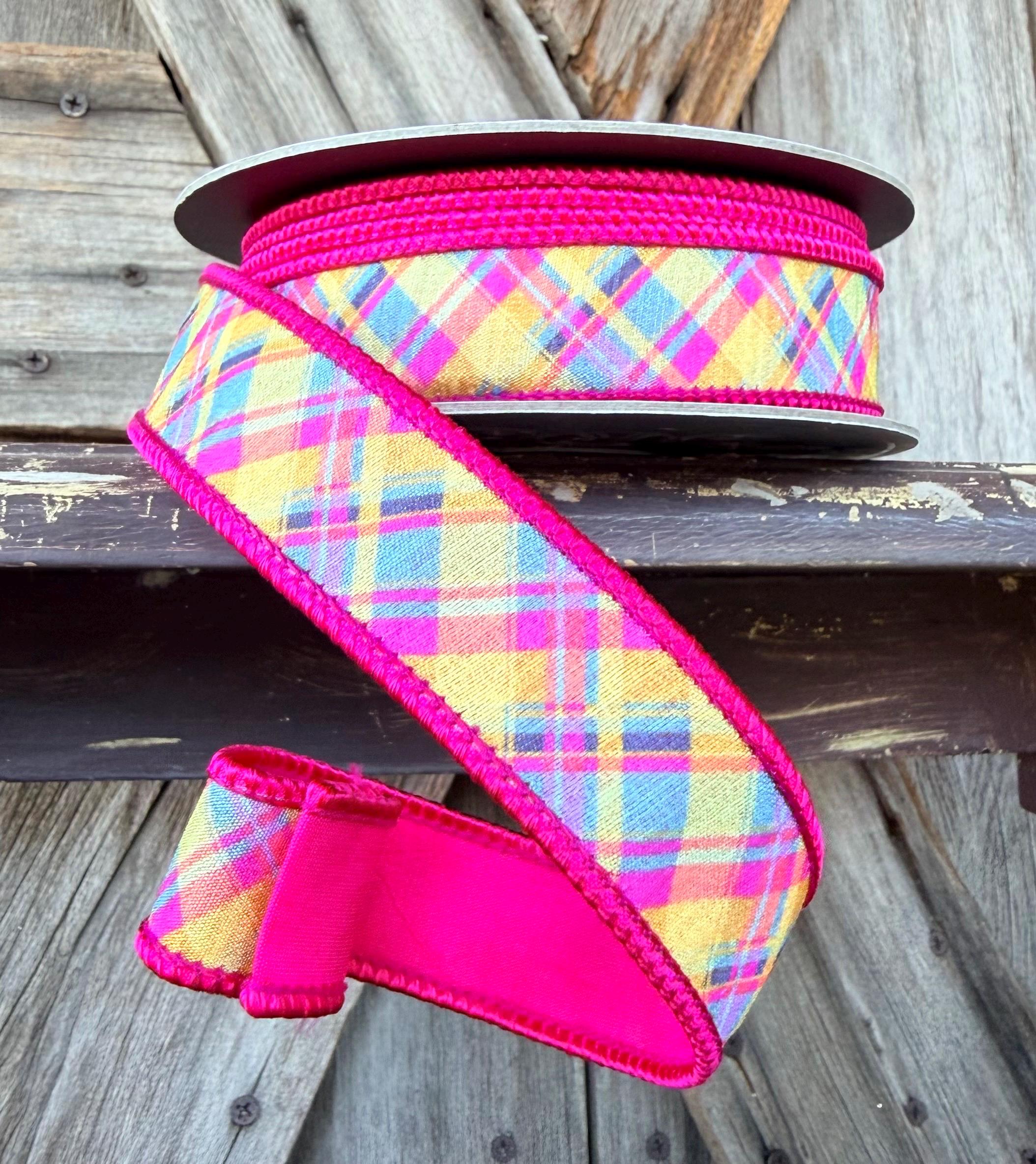 Bright Plaid Pink Back Wired Ribbon 1 Inch