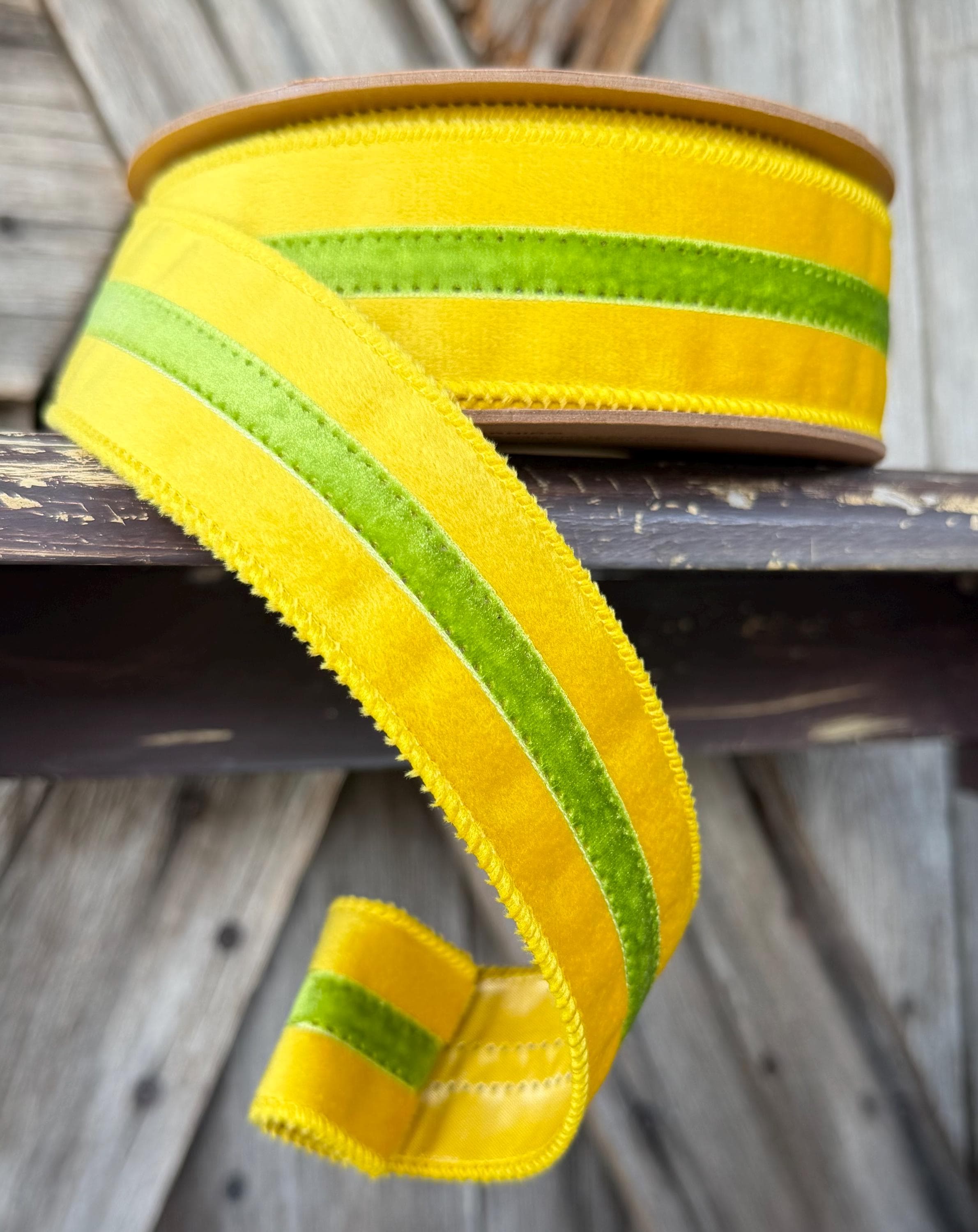 Yellow Velvet with Green Stripe Wired Ribbon 1.5 Inch