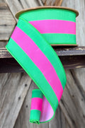 Green with Pink Stripe Wired Ribbon 2.5 Inch