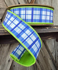 Green Blue White Plaid Wired Ribbon 1.5 Inch