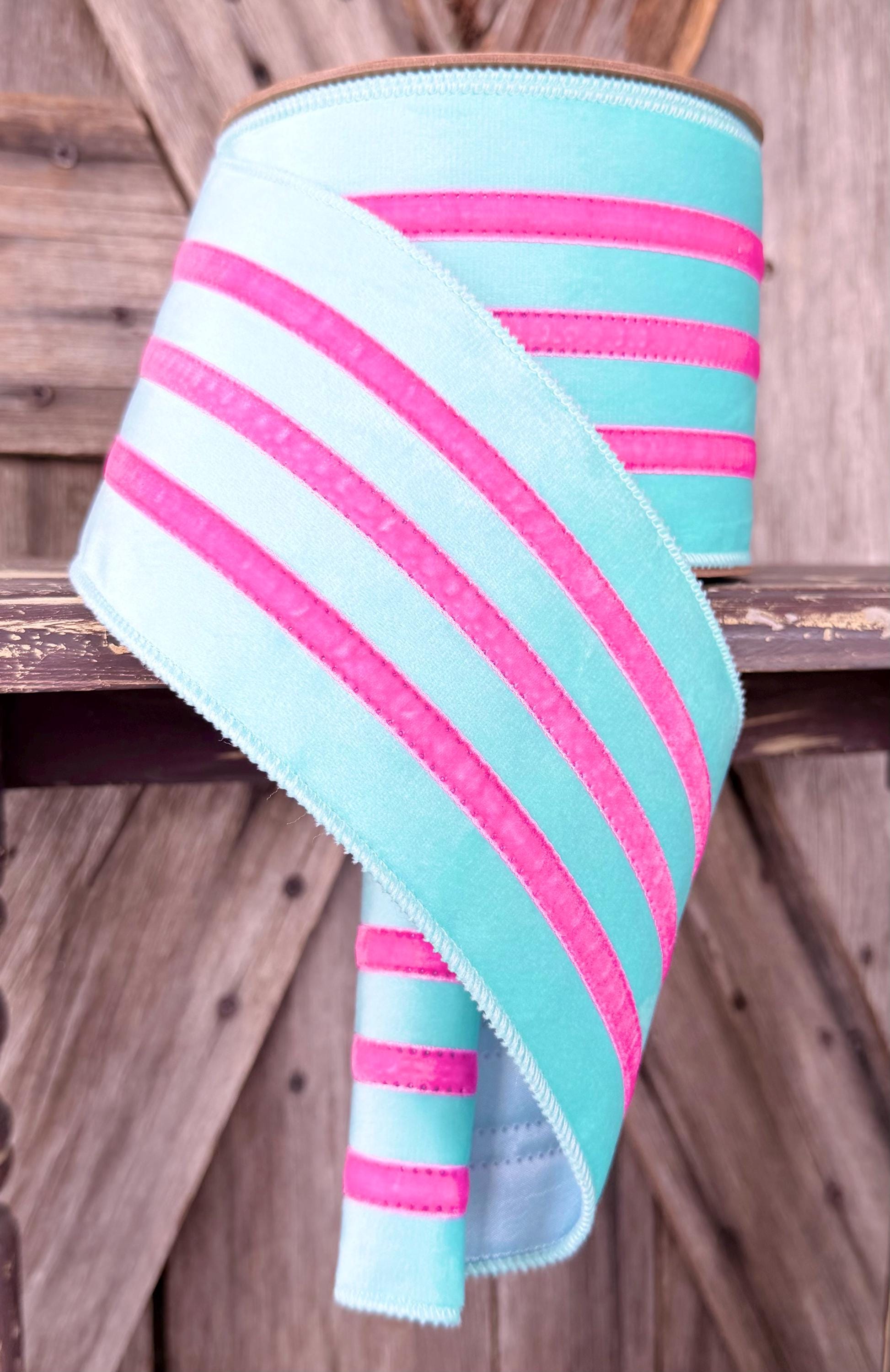 Velvet Stripe Blue Pink Wired Ribon, 4 Inch