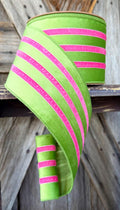 Velvet Stripe Green Pink Wired Ribon, 4 Inch