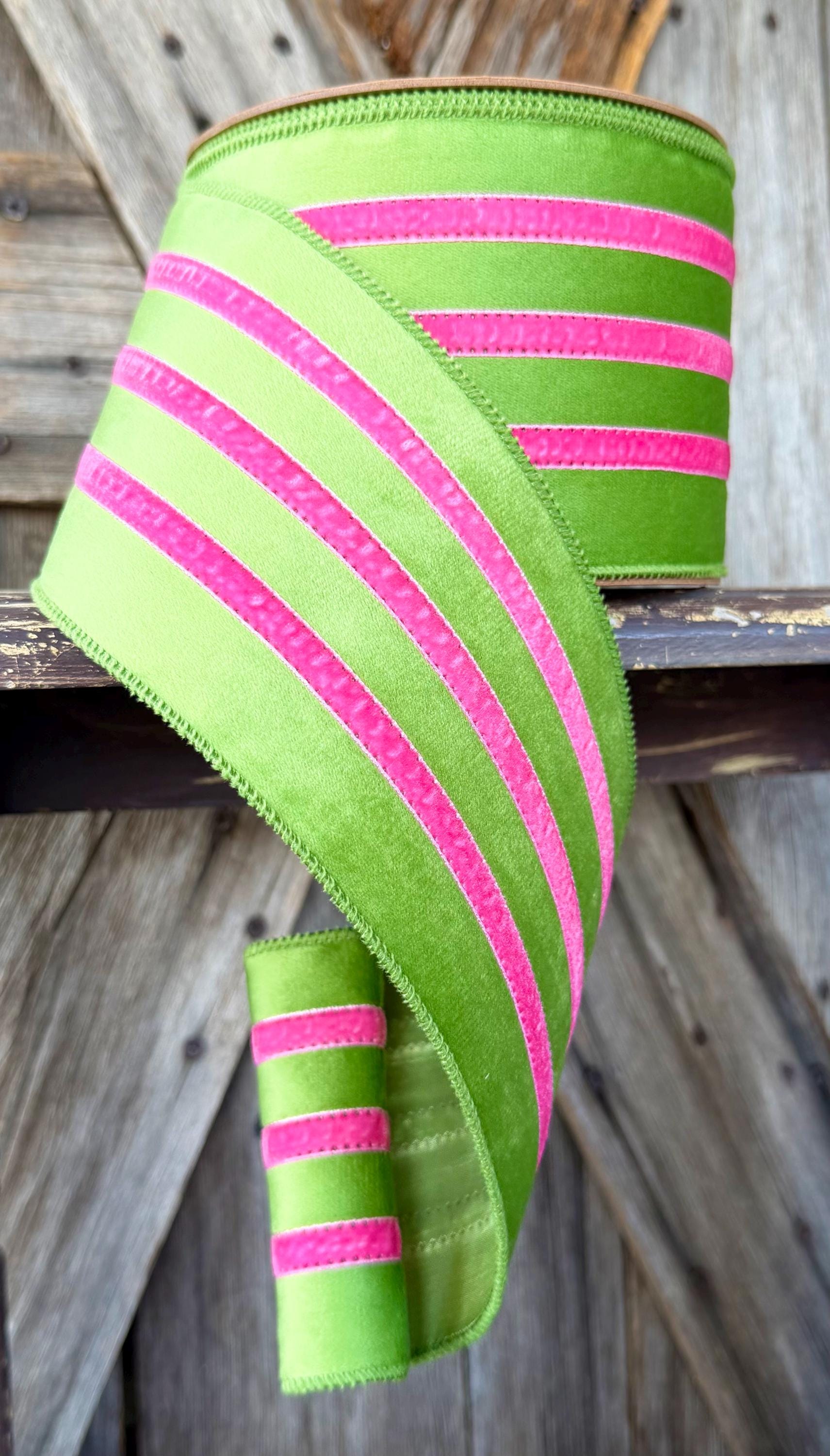 Velvet Stripe Green Pink Wired Ribon, 4 Inch