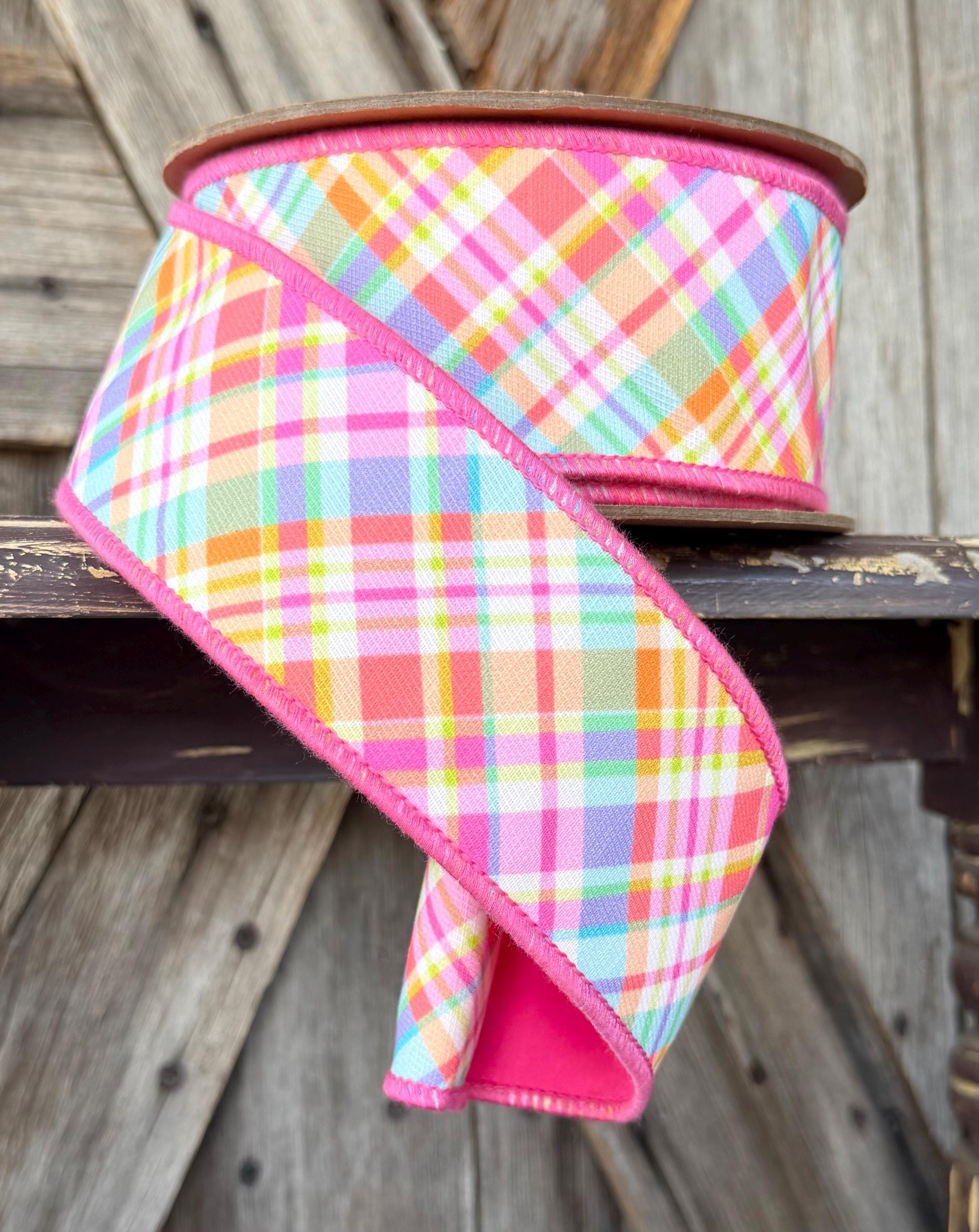 Bright Pink Plaid Wired Ribbon, 2.5 Inch