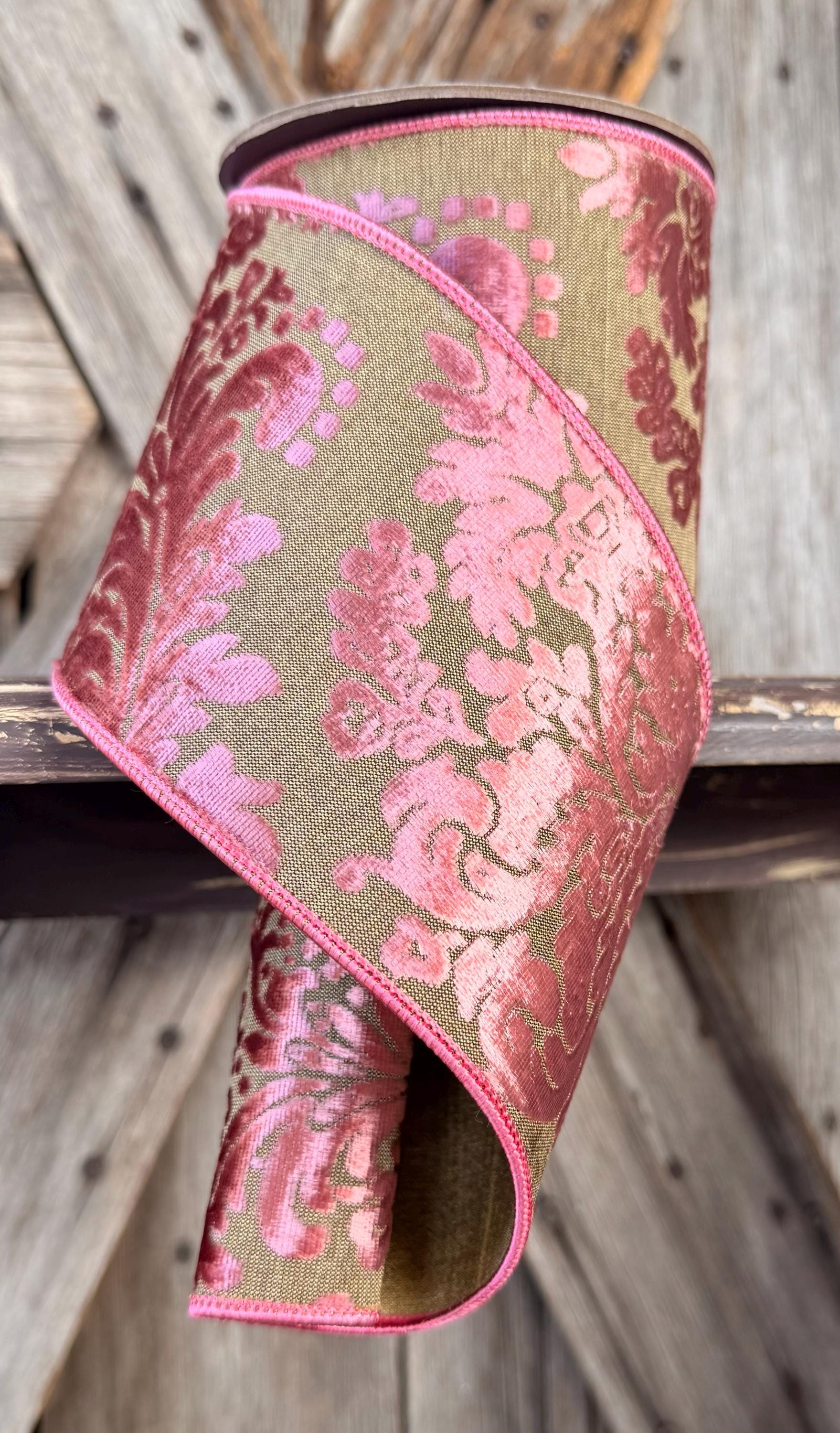 Velvet Pink Rose Filagree Wired Ribon, 4 Inch