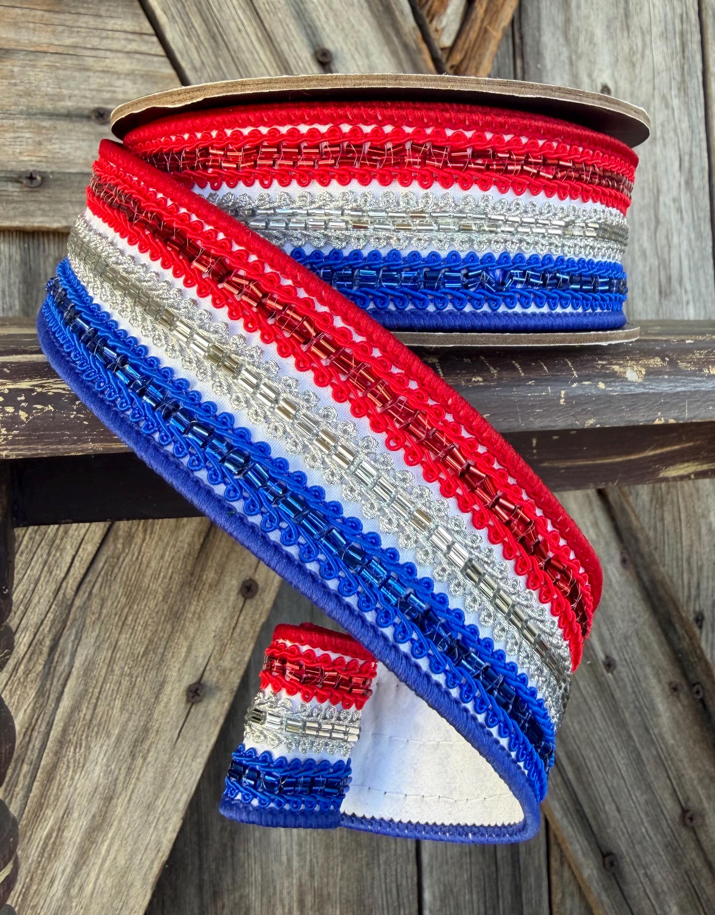 Red White and Blue Trimming Wired Ribon, 1.5 Inch