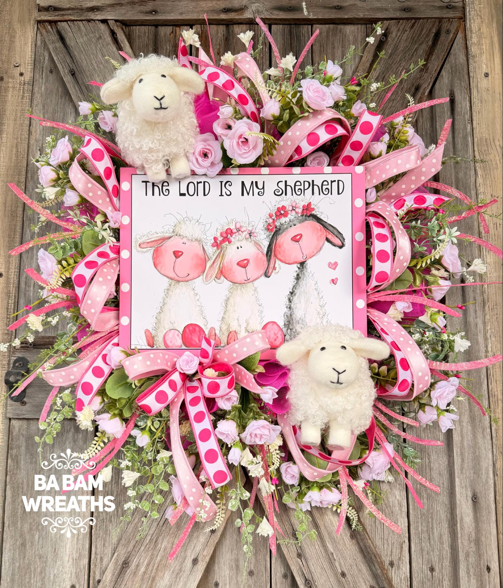 The Lord Is My Shepherd Lamb Wreath | Pink Spring Easter Wreath | Christian Front Door Decor | Lamb Nursery Decor | Faith Wreath