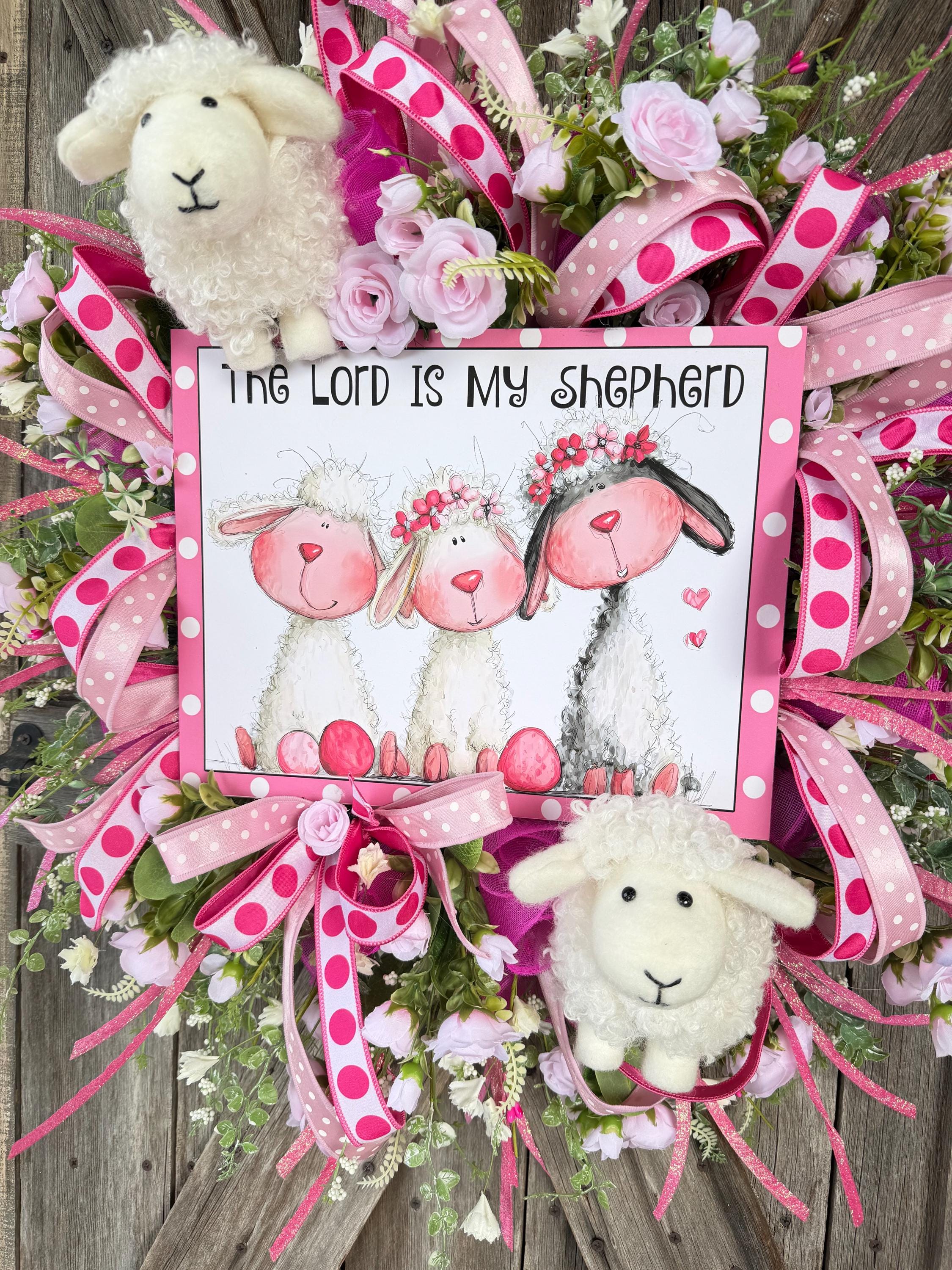 The Lord Is My Shepherd Lamb Wreath | Pink Spring Easter Wreath | Christian Front Door Decor | Lamb Nursery Decor | Faith Wreath