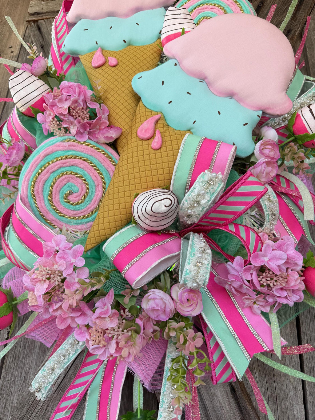 Sweet Shop Ice Cream Wreath – Whimsical Pink & Mint Door Decor | Summer Front Door Wreath | Candy Inspired Decor