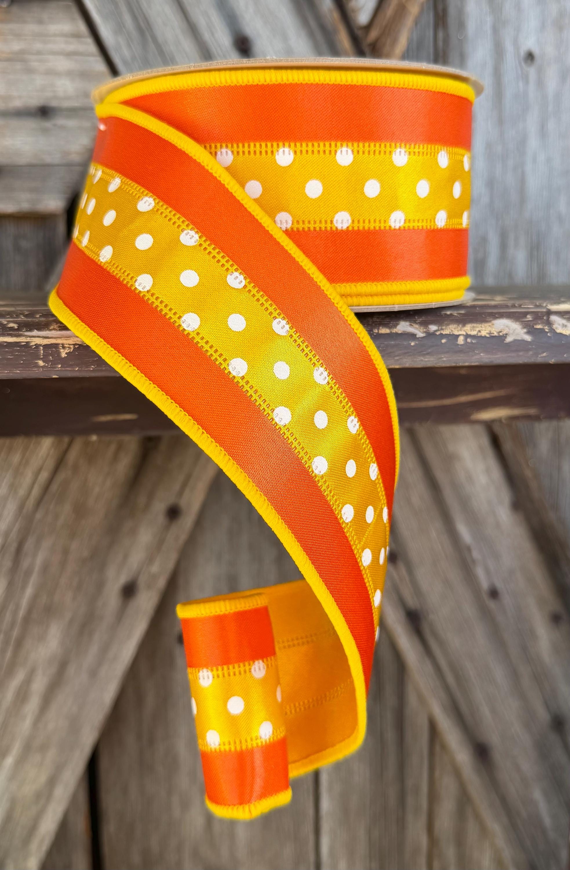 Orange Yellow Polka Dot D Lux Wired Ribbon, 2.5 Inch