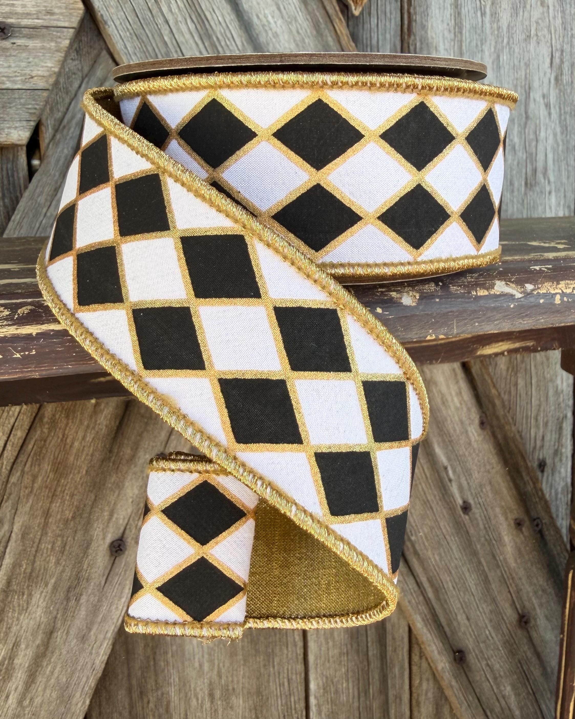 Black White Diamond with Gold Back Wired Ribon, 1.5 Inch