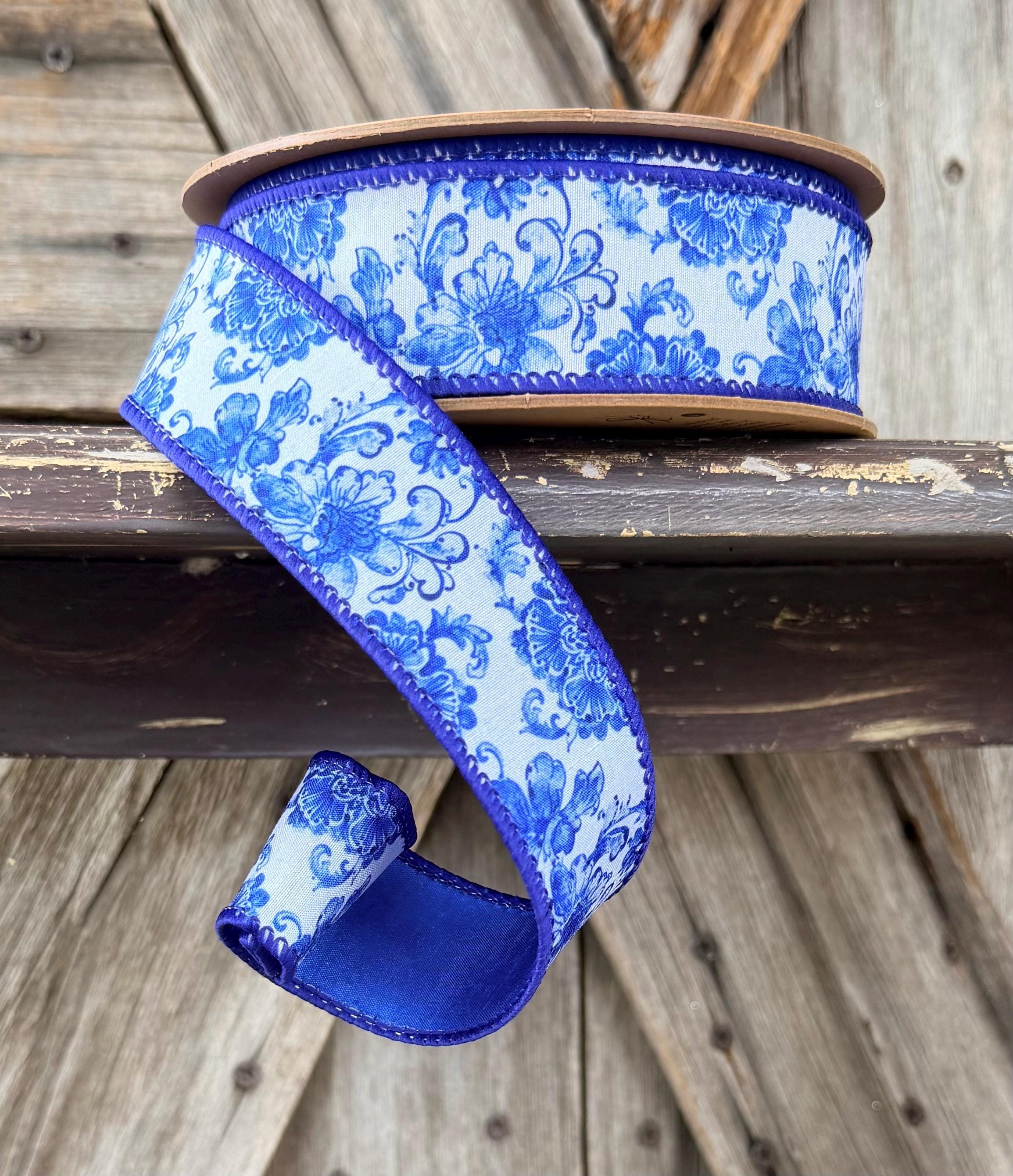 Blue White Floral Ribbon, 1.5 Inch