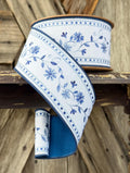 Blue White Floral Vine Wired Ribbon, 2.5 Inch