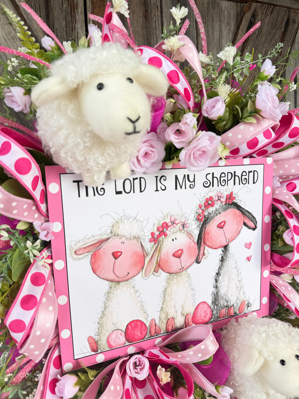 The Lord Is My Shepherd Lamb Wreath | Pink Spring Easter Wreath | Christian Front Door Decor | Lamb Nursery Decor | Faith Wreath