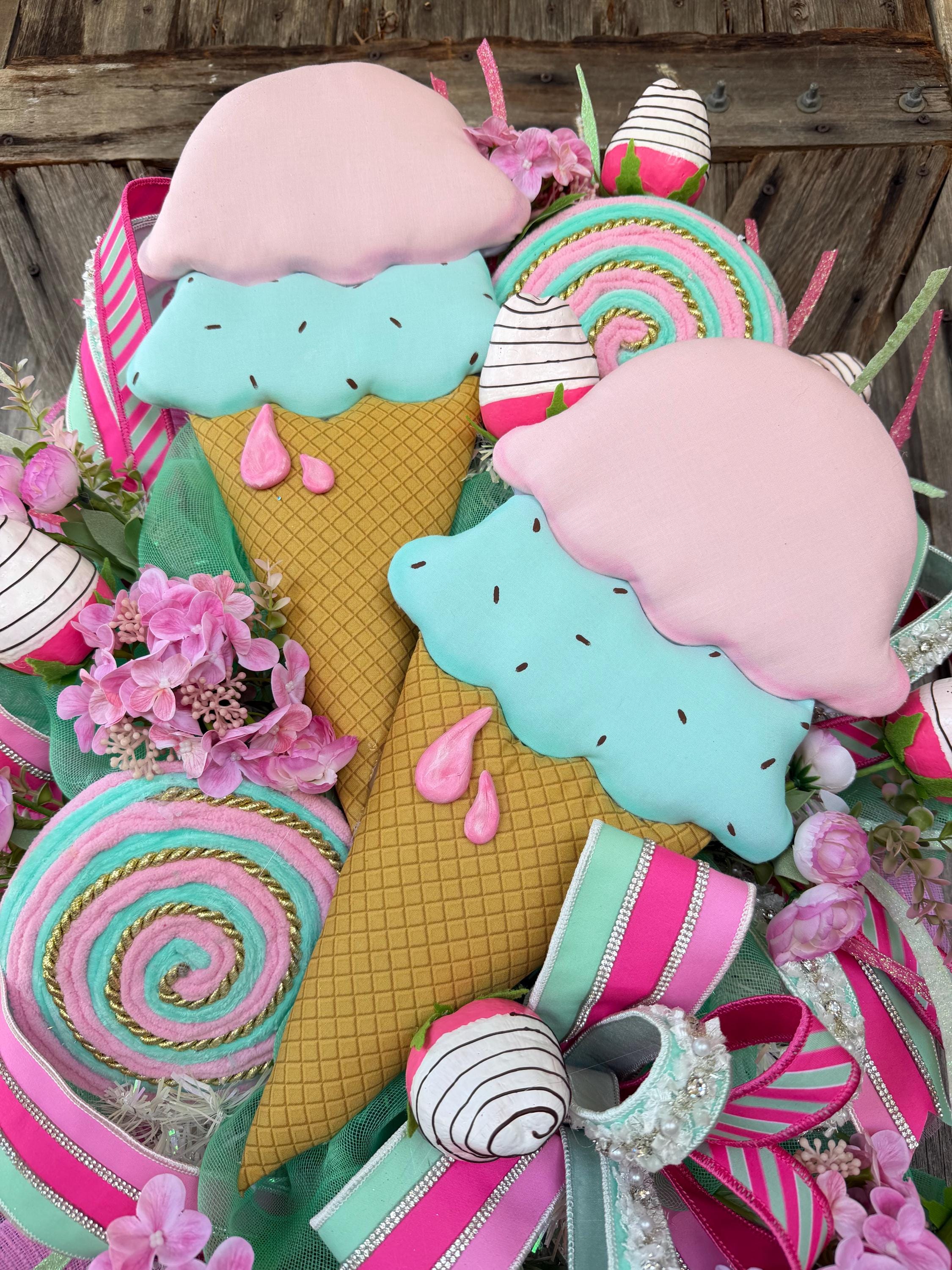 Sweet Shop Ice Cream Wreath – Whimsical Pink & Mint Door Decor | Summer Front Door Wreath | Candy Inspired Decor