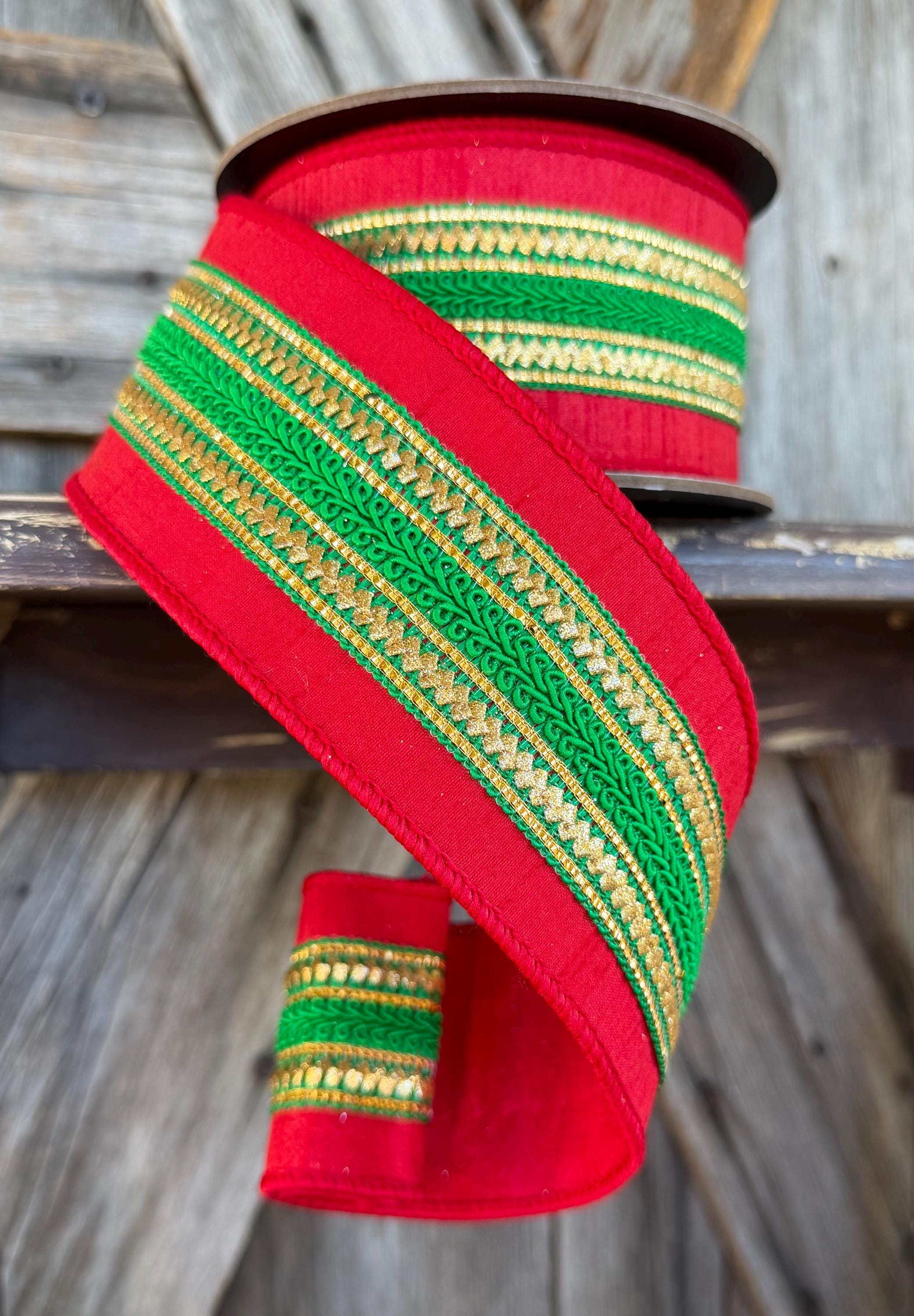 Red Green Metallic Trim Deluxe Wired Ribbon 2.5 Inch