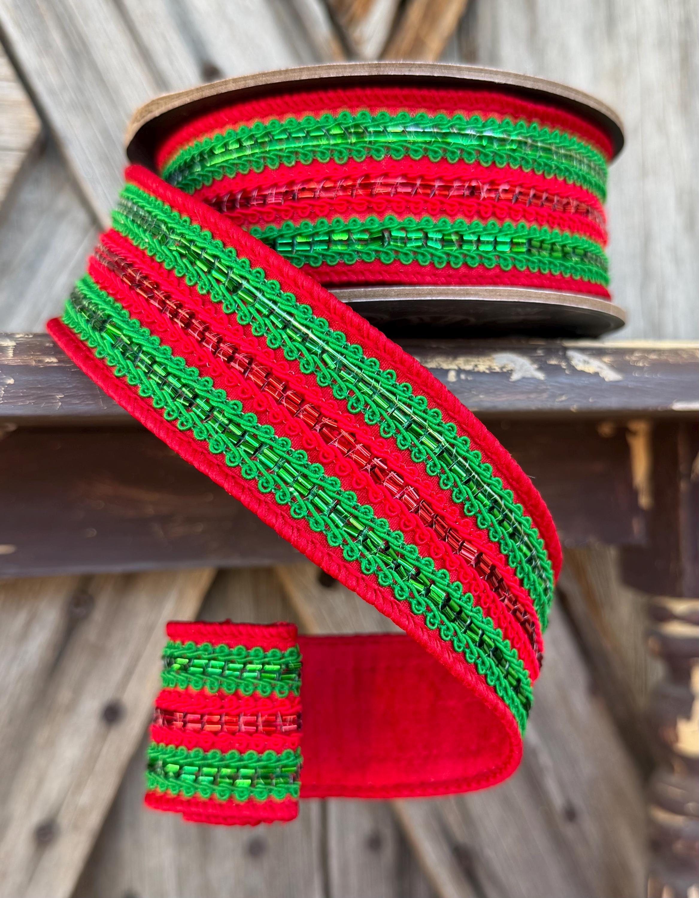 Red Green Trim Deluxe Wired Ribbon 1.5 Inch