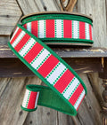 Red Green Dots and Stripes Wired Ribbon 1.5 Inch