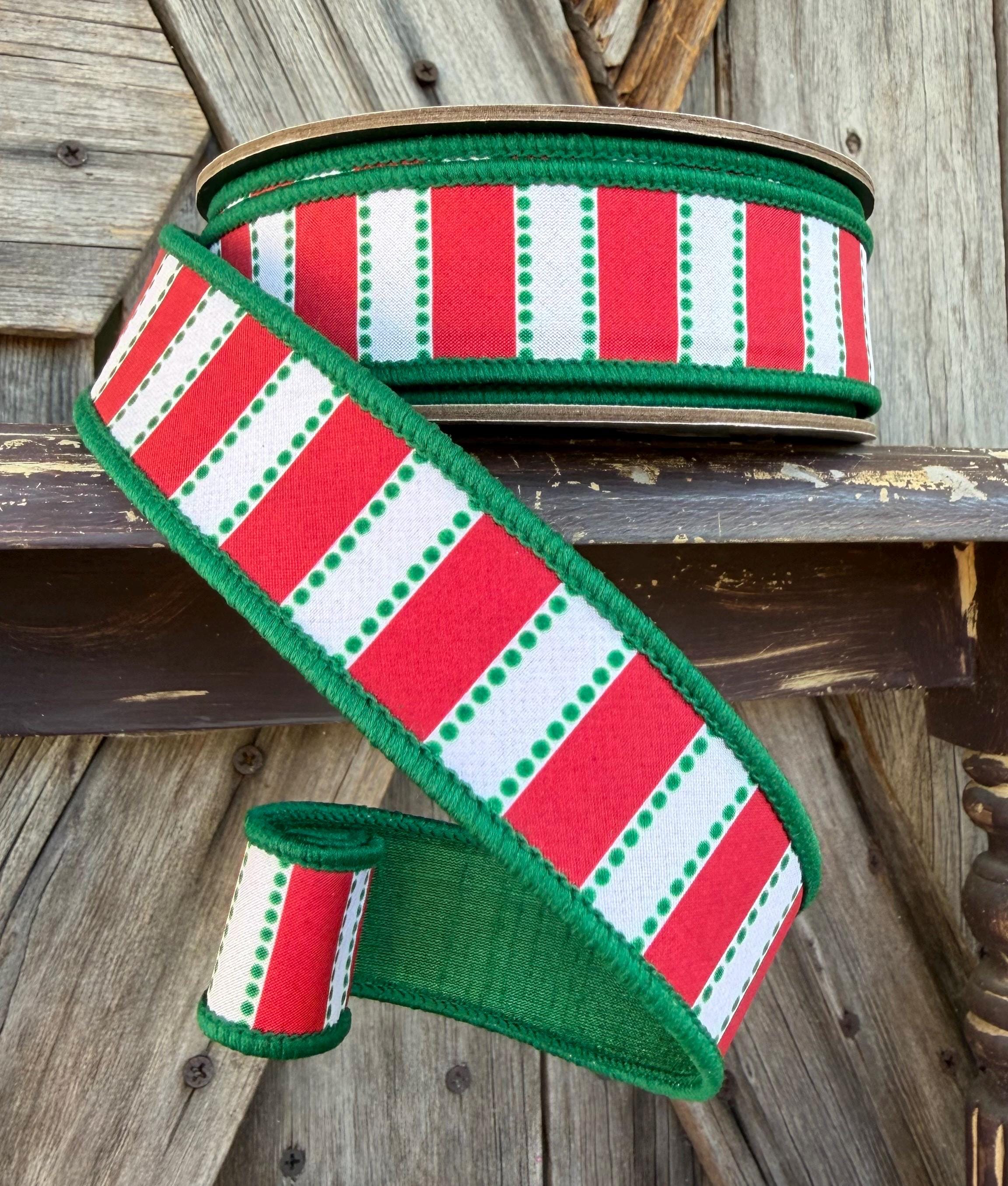 Red Green Dots and Stripes Wired Ribbon 1.5 Inch