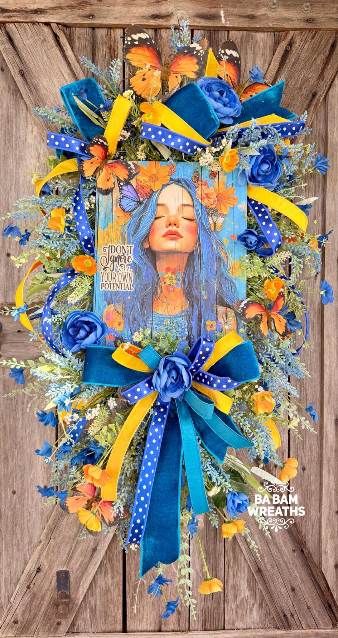 Summer Wreath, Blue Yellow Floral Wreath, Butterfly Wreath, Inspirational Door Decor, Front Door Wreath, Everyday Wreath, Ba Bam Wrea