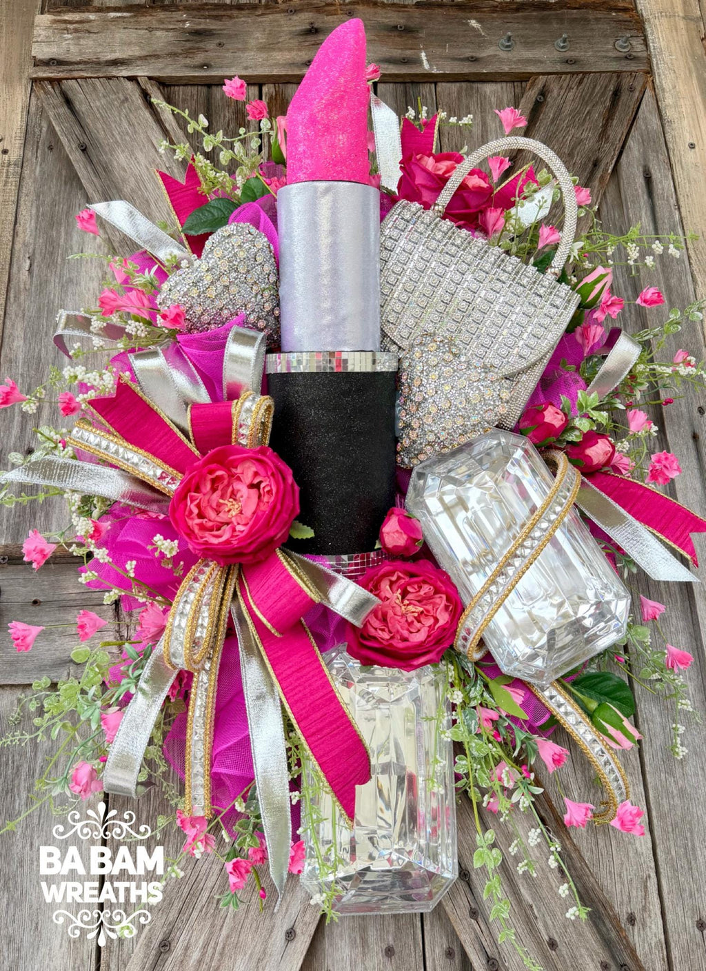 Hot Pink Glam Makeup Wreath | Lipstick Perfume Purse Door Hanger | Girly Front Door Decor | Boutique Beauty Salon Decor