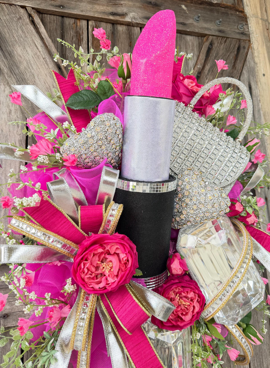 Hot Pink Glam Makeup Wreath | Lipstick Perfume Purse Door Hanger | Girly Front Door Decor | Boutique Beauty Salon Decor