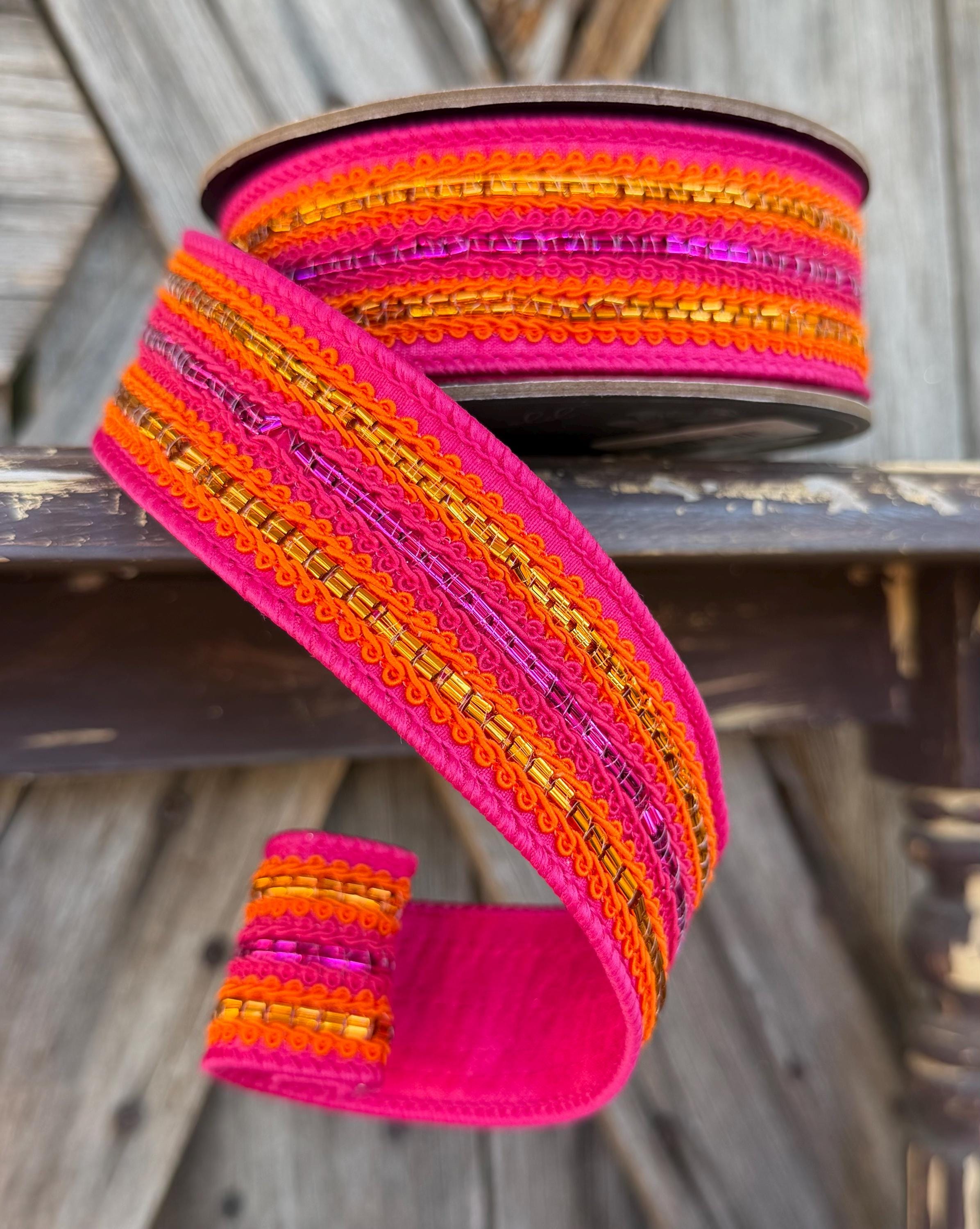 Fushia Orange Trimming Deluxe Wired Ribon, 1.5 Inch