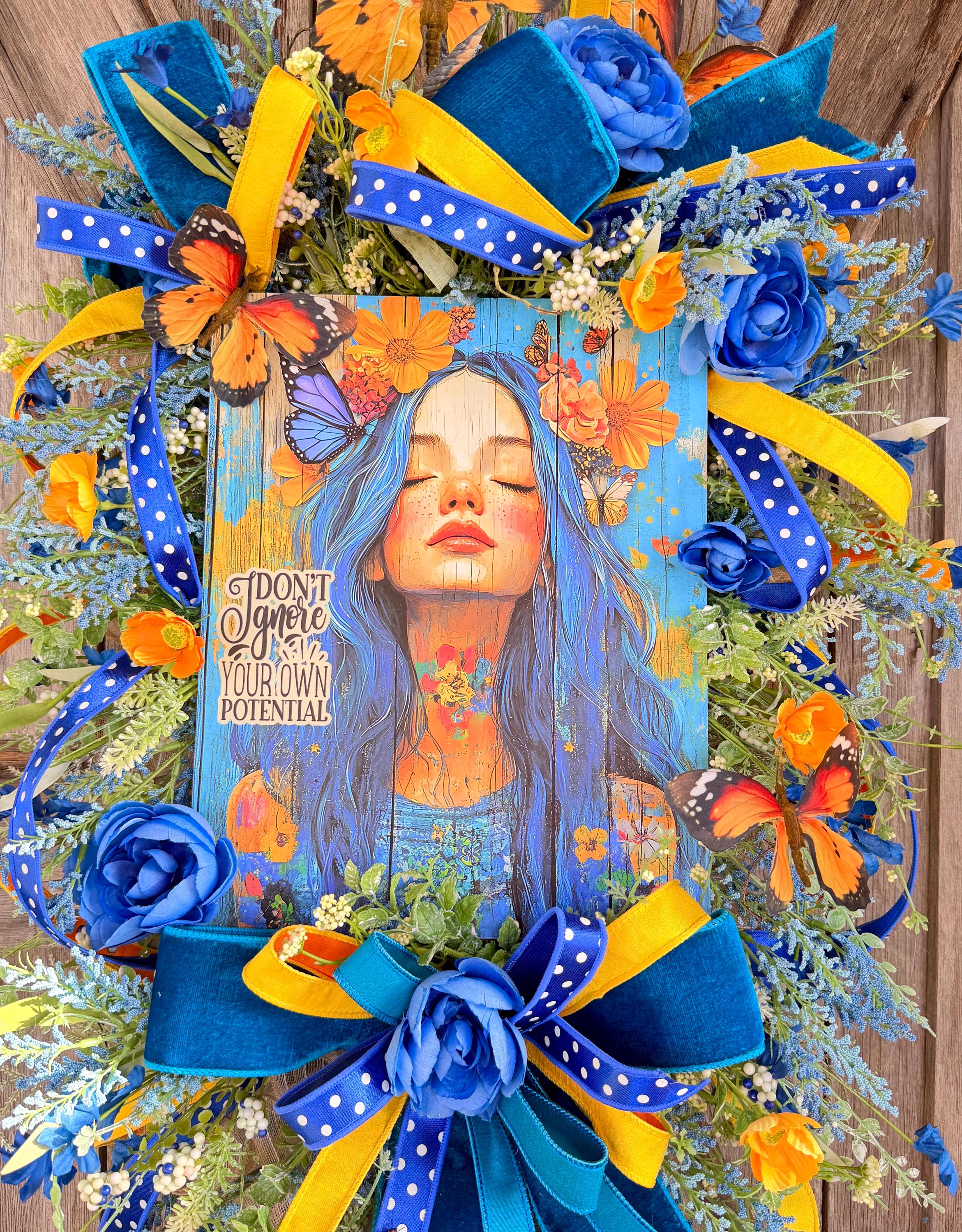 Summer Wreath, Blue Yellow Floral Wreath, Butterfly Wreath, Inspirational Door Decor, Front Door Wreath, Everyday Wreath, Ba Bam Wrea