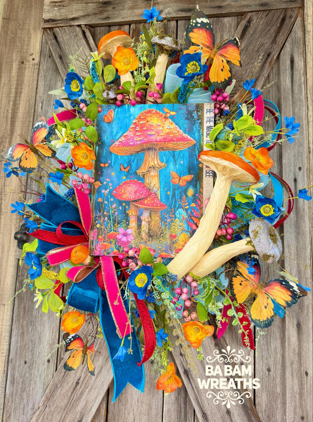 Whimsical Mushroom Wreath, Colorful Butterfly Garden Wreath, Cottagecore Door Decor, Bright Spring Summer Wreath, Fairy Garden Woodland Deco