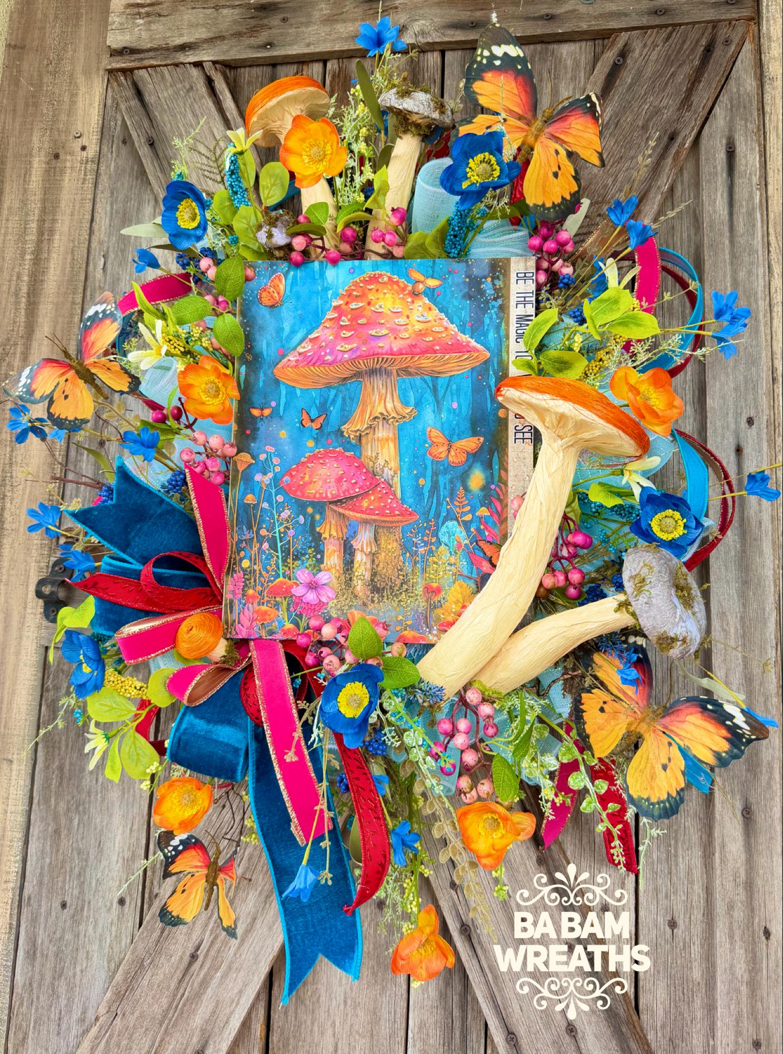 Whimsical Mushroom Wreath, Colorful Butterfly Garden Wreath, Cottagecore Door Decor, Bright Spring Summer Wreath, Fairy Garden Woodland Deco