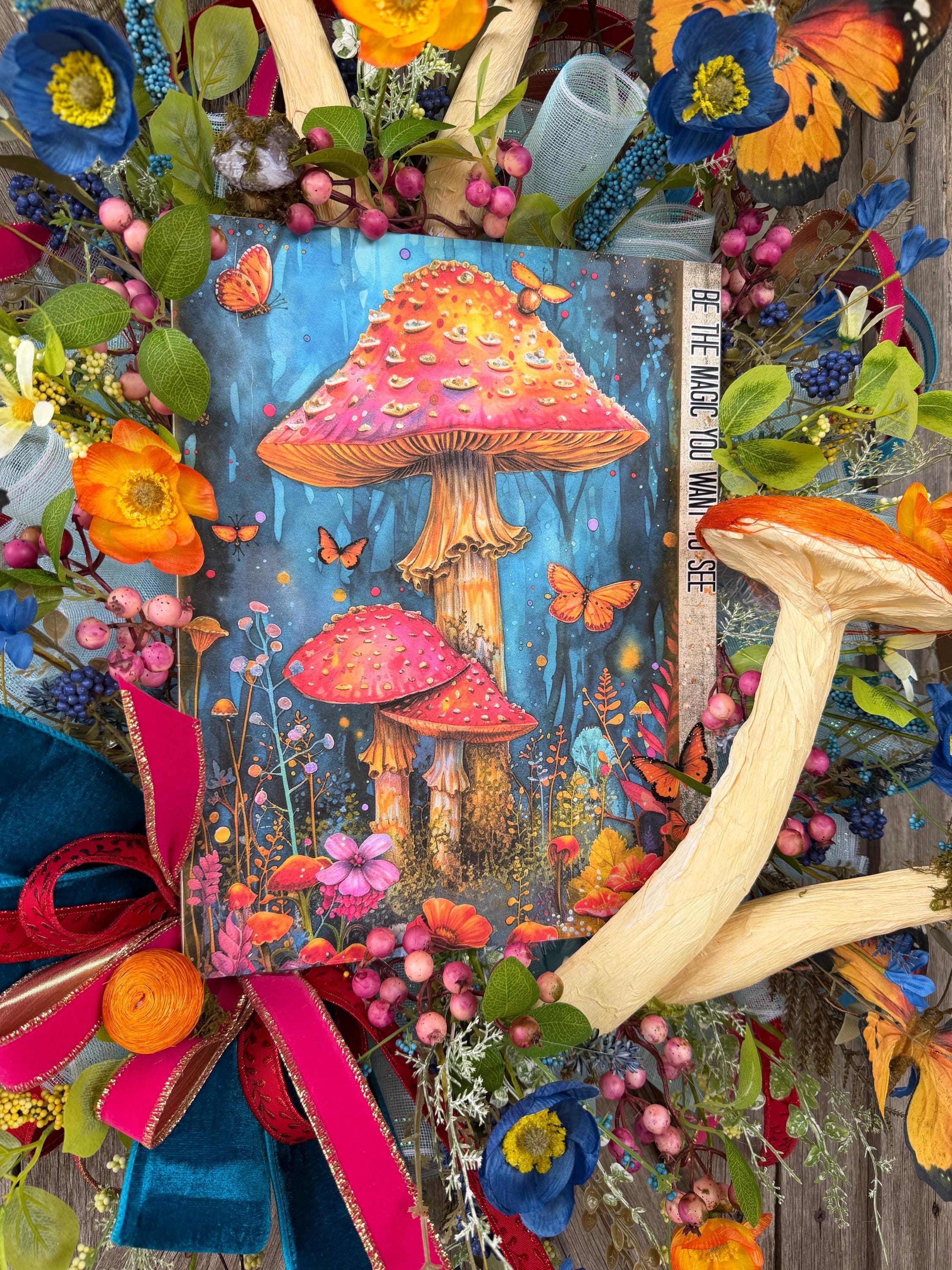 Whimsical Mushroom Wreath, Colorful Butterfly Garden Wreath, Cottagecore Door Decor, Bright Spring Summer Wreath, Fairy Garden Woodland Deco