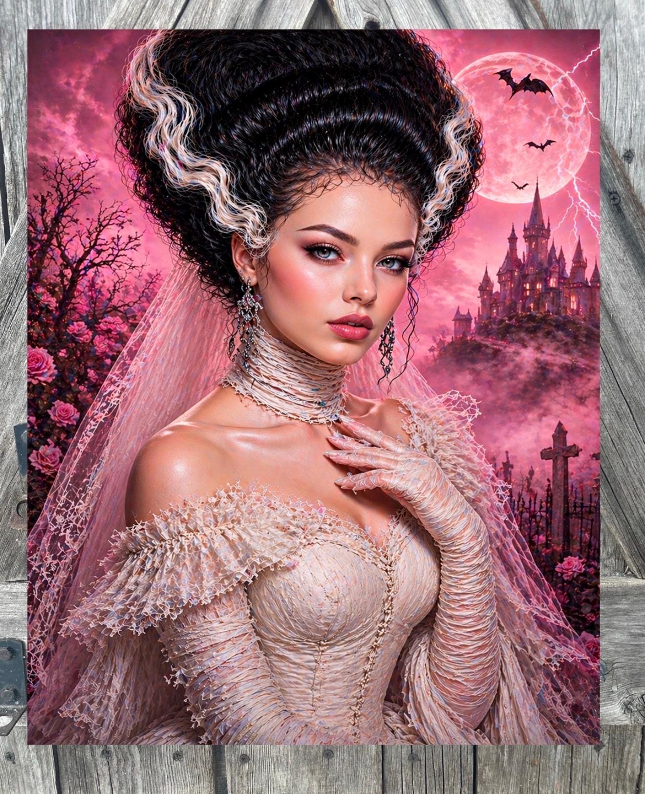 Hot Pink Bride of Frankenstein , Halloween Sign, Halloween Decor, Halloween Wall Art