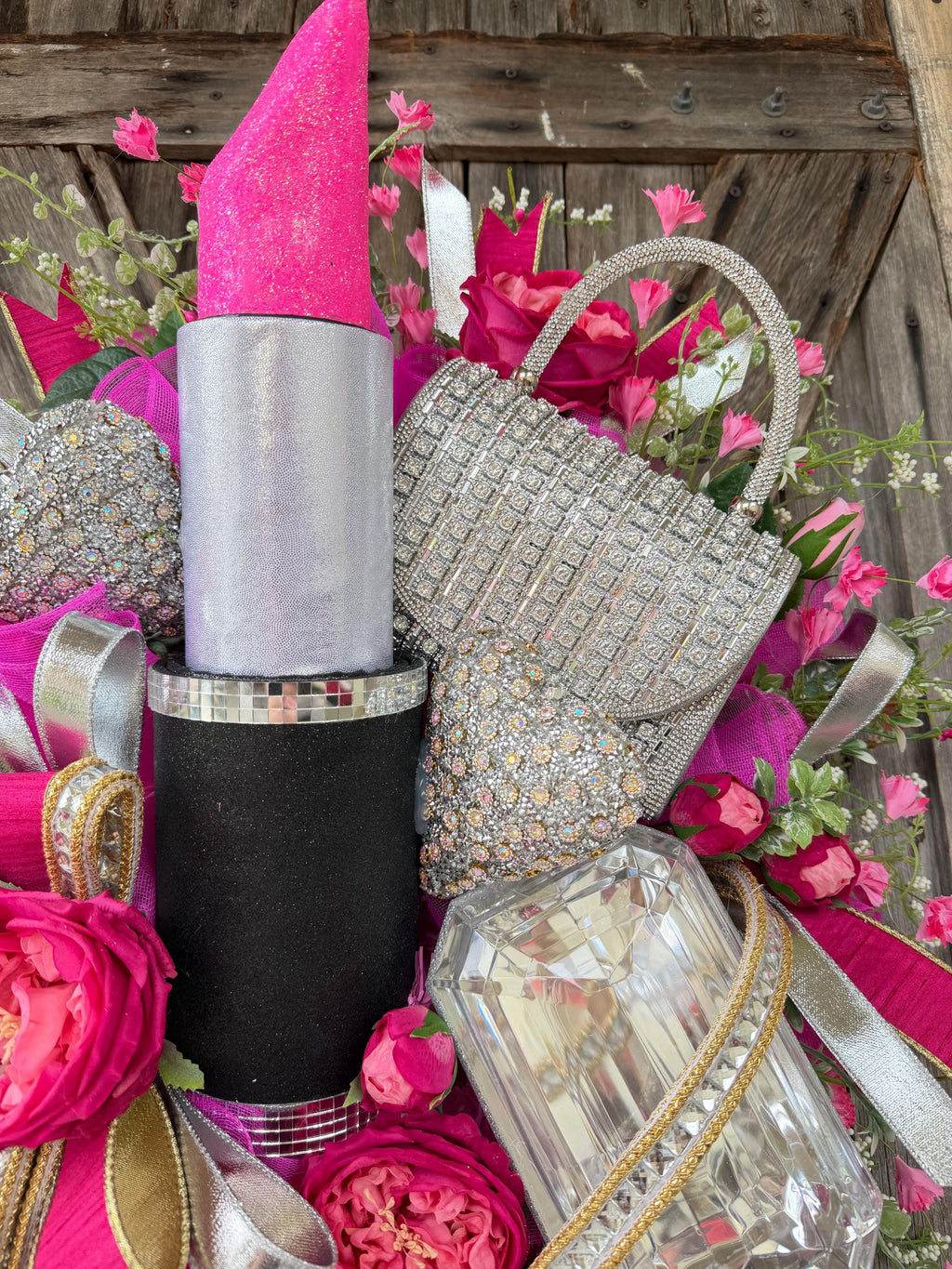 Hot Pink Glam Makeup Wreath | Lipstick Perfume Purse Door Hanger | Girly Front Door Decor | Boutique Beauty Salon Decor