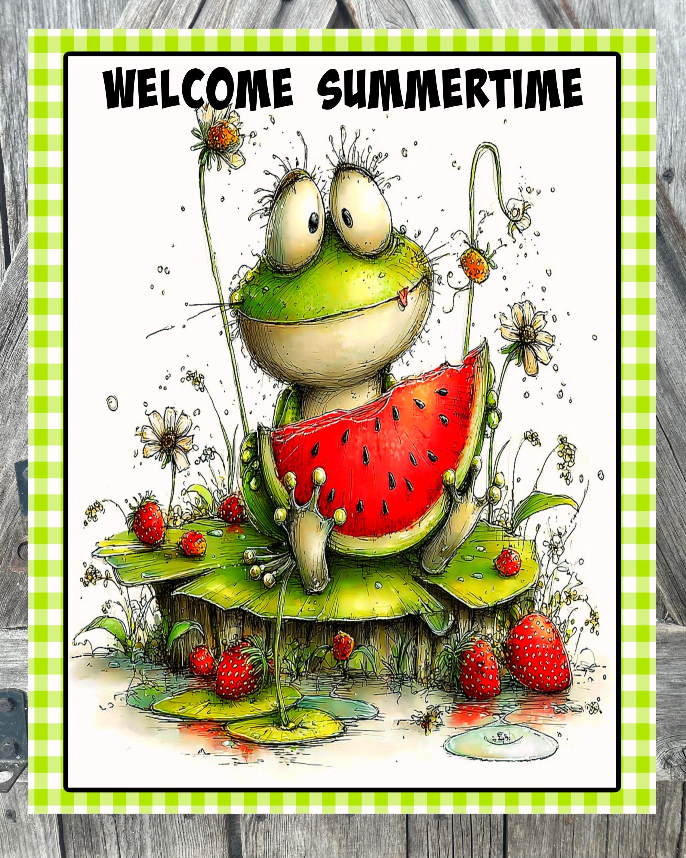 Welcome Summertime, Summer Sign, Frog Decor, Watermelon Sign