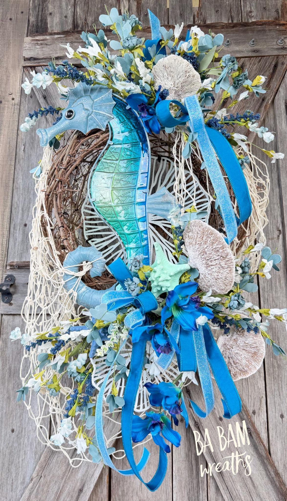 Coastal Seahorse Wreath, Beach House Door Decor, Nautical Summer Wreath, Ocean Inspired Front Door Wreath, Blue Green Coastal Wall Decor