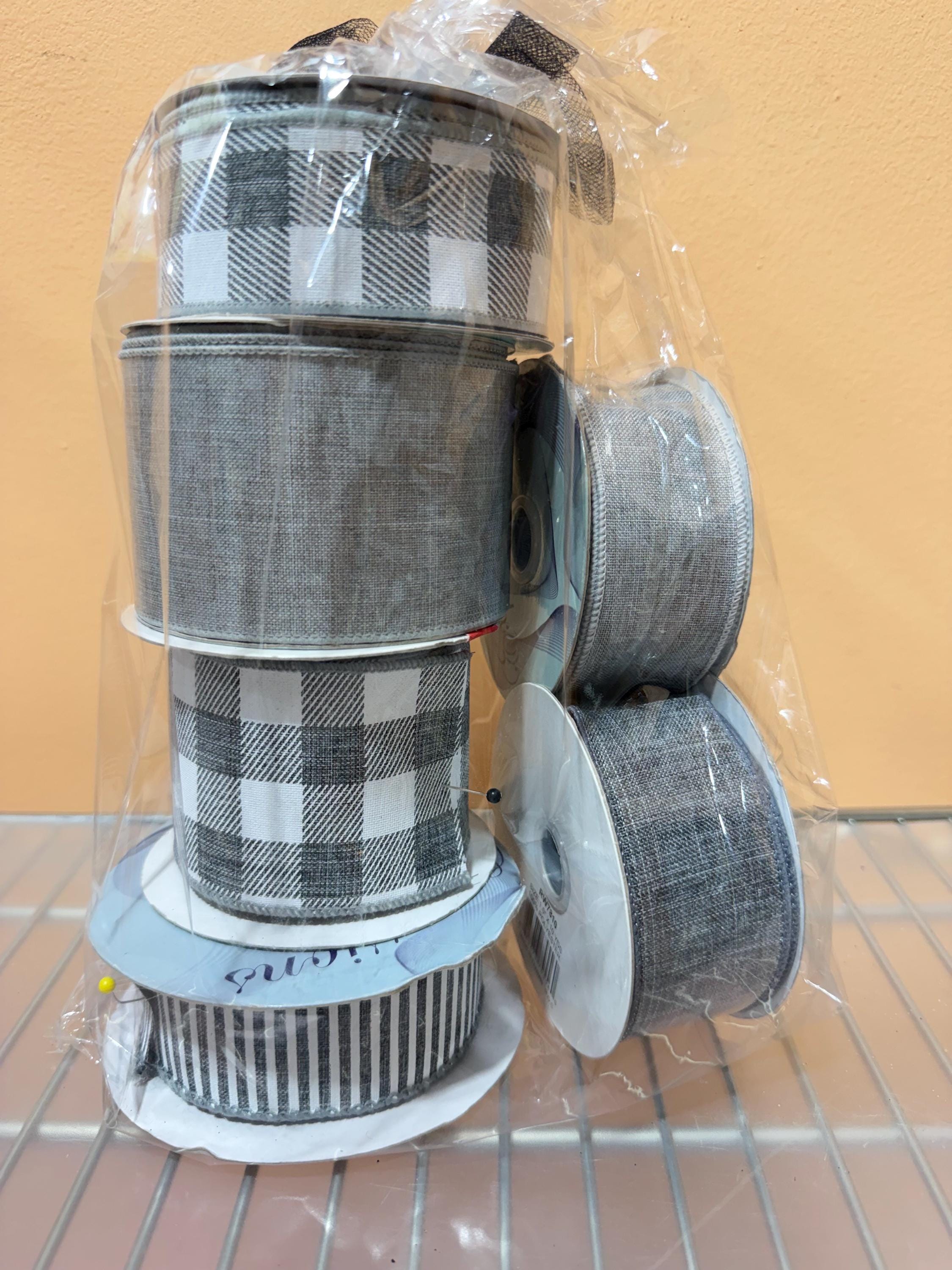 Rolls of Gray White Ribbon~ Jackie, Warehouse Sale