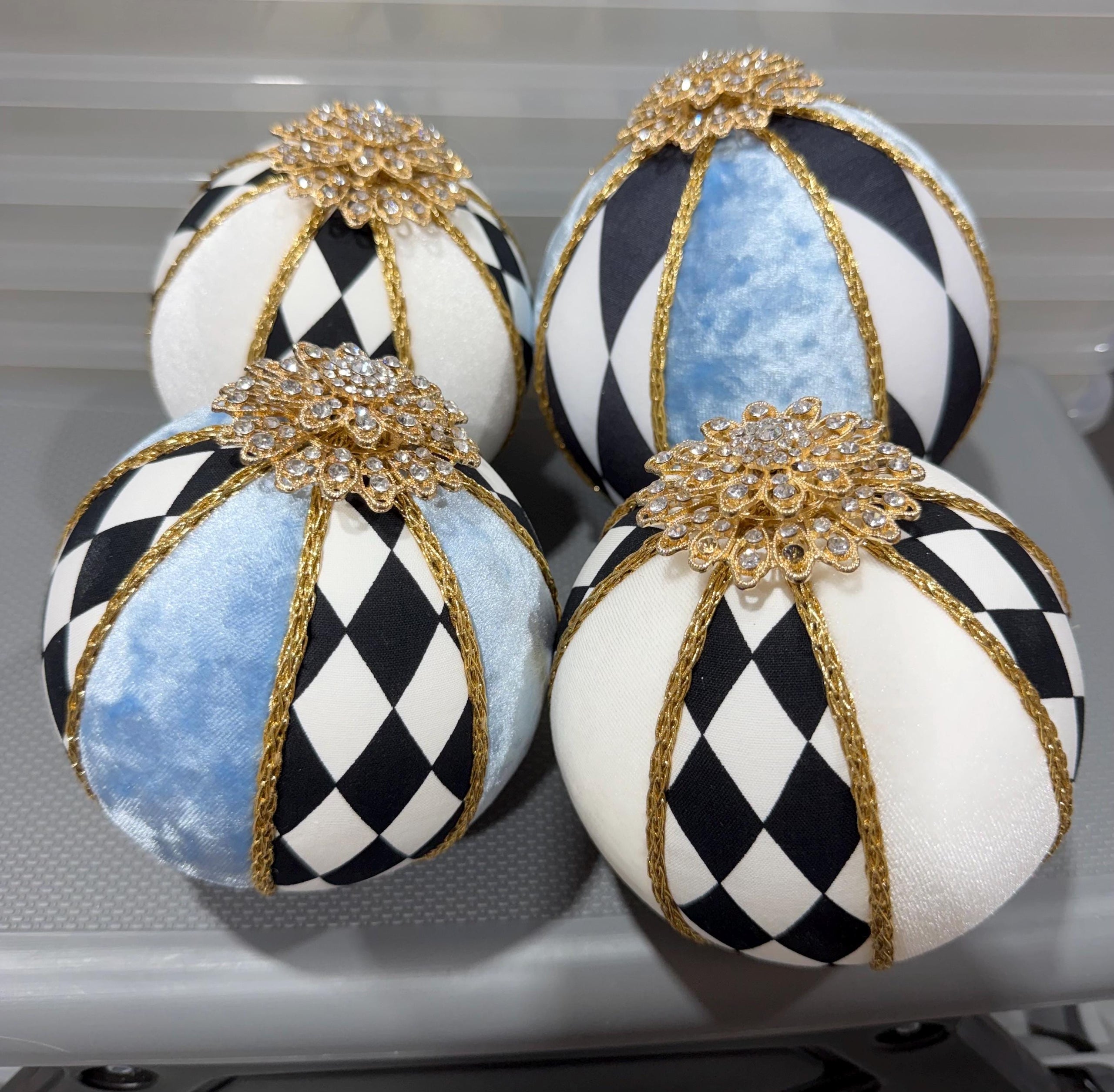 4 Ornaments Jeweked~ Black White Harlequin