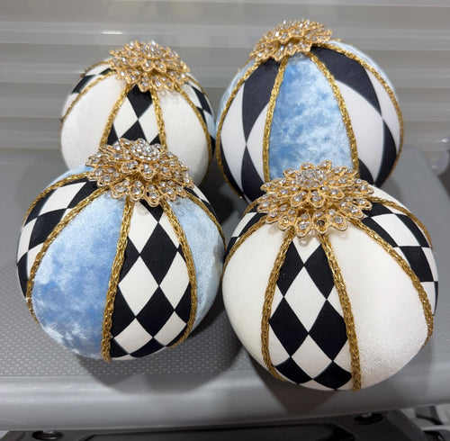 4 Ornaments Jeweked~ Black White Harlequin