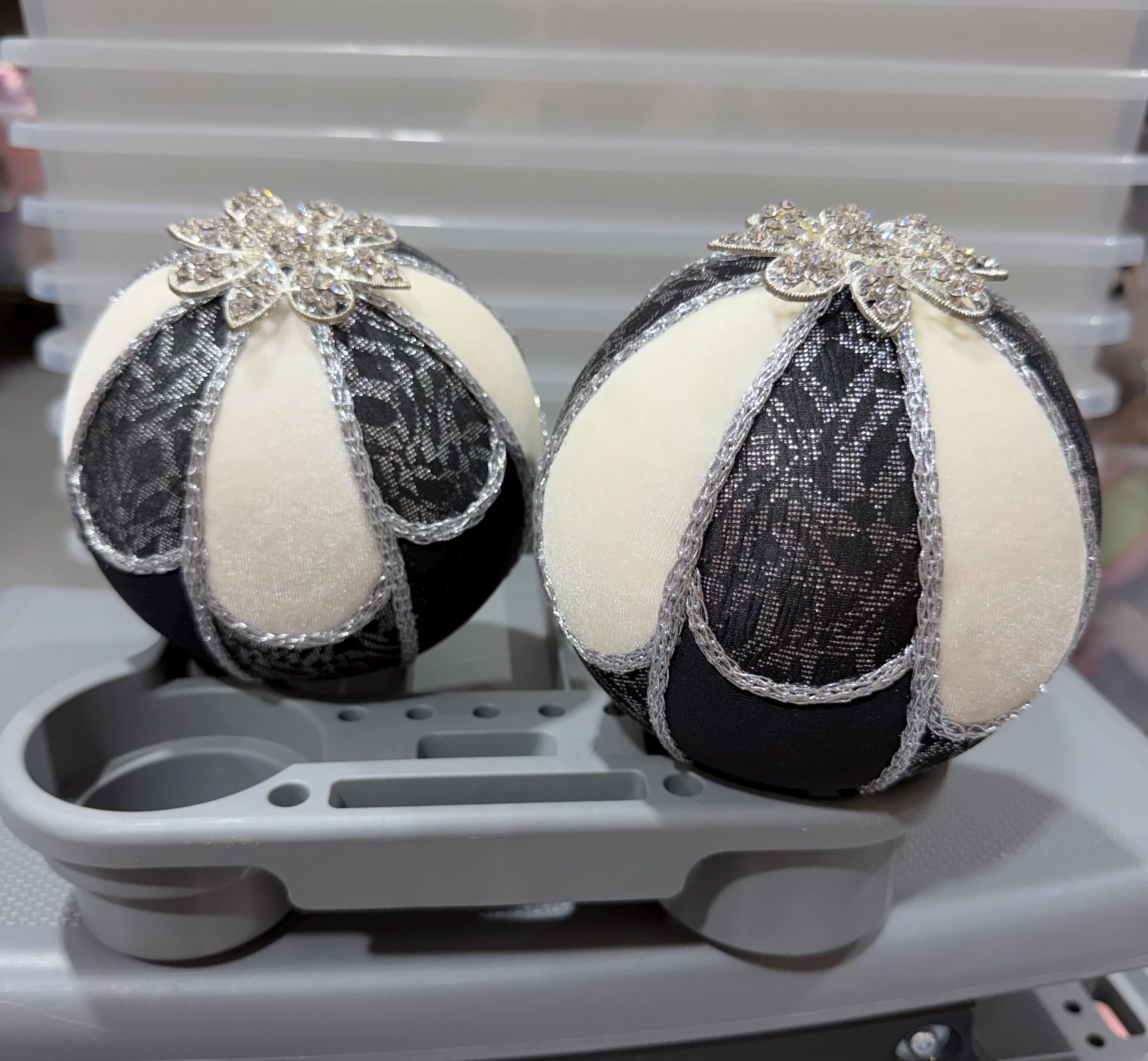 Set of Large Ornaments Jeweled~ Black White Silver