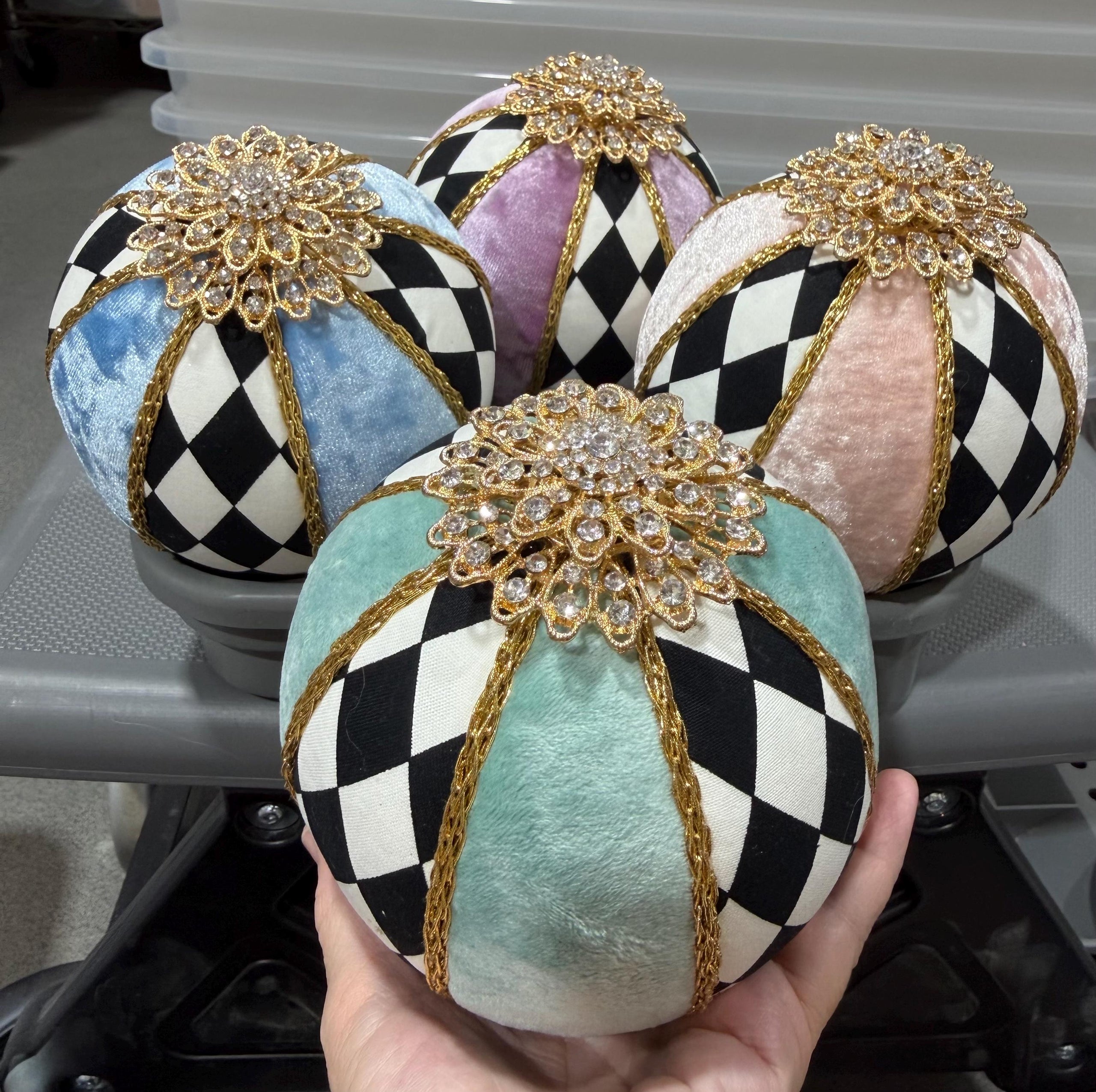 4 Ornaments Jeweled~ Black White Harlequin