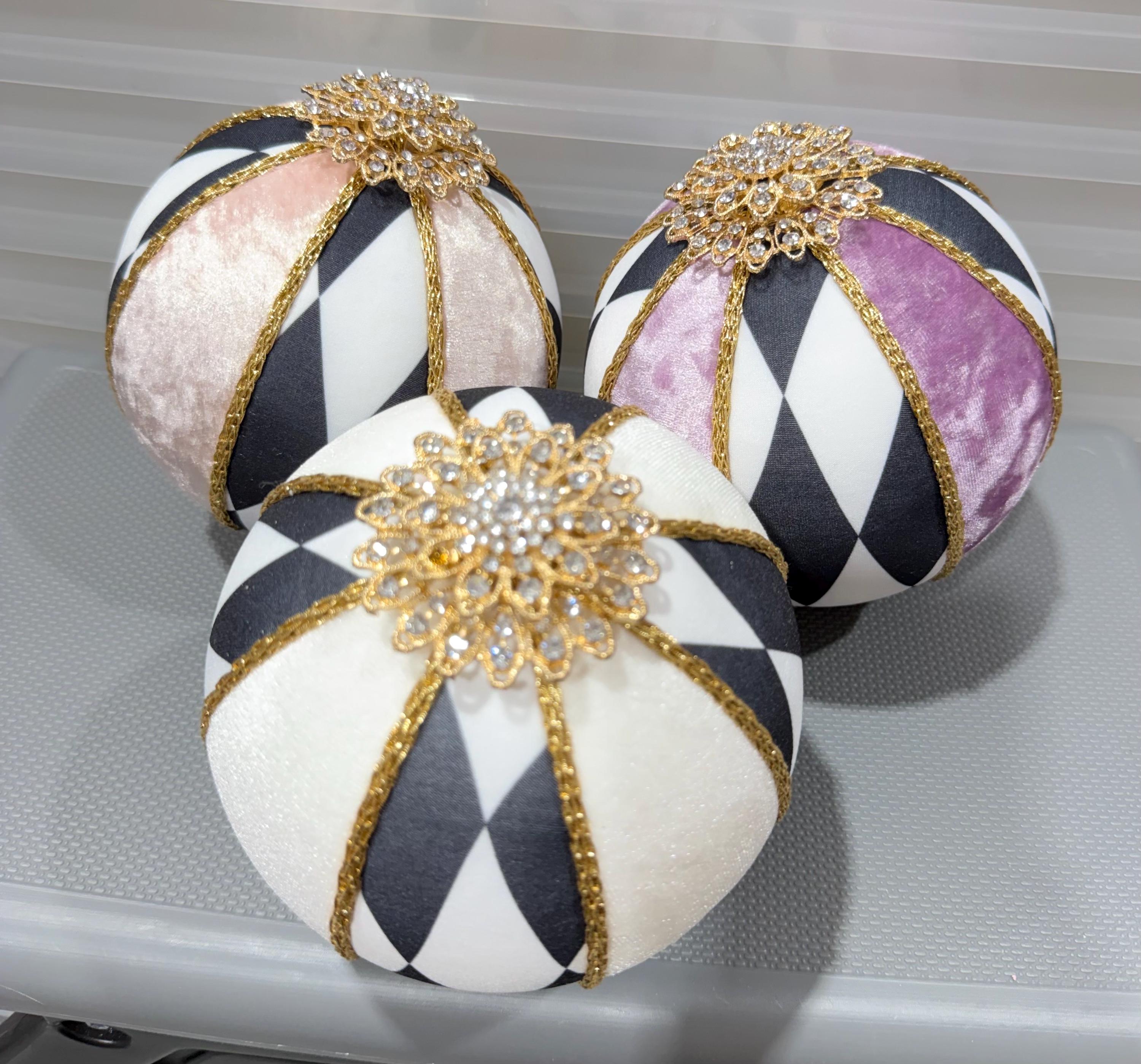 3 Large Ornaments Jeweked~ Black White Harlequin